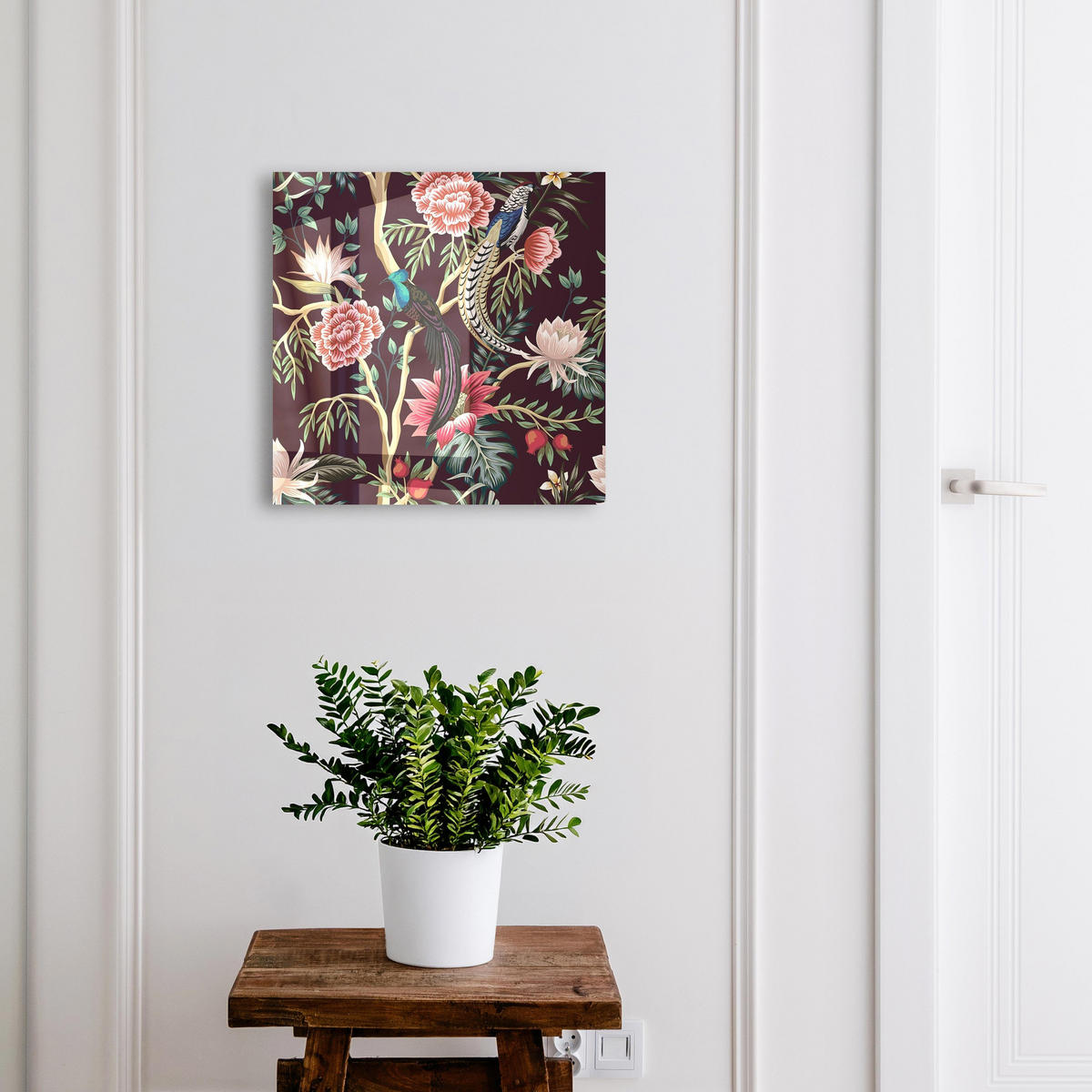 SCHLÜSSELBOX Schwarz 30x30 cm- Türöffnung nach rechts - Blumen und Vögel - Pink, Metall (30/30/5cm) - TULUP