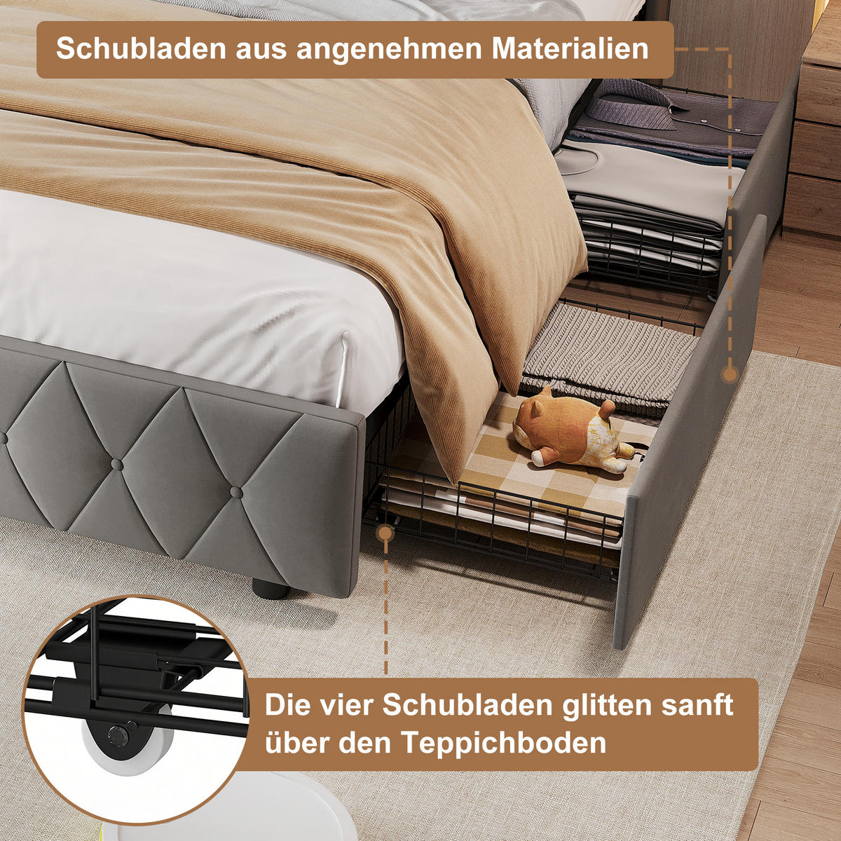 POLSTERBETT 140x200 cm mit 4 Schubladen, LED, USB & Type-C, Doppelbett Kopfteil und Lattenrost, Grau - Grau, Metall (140/200cm) - EuroLiving