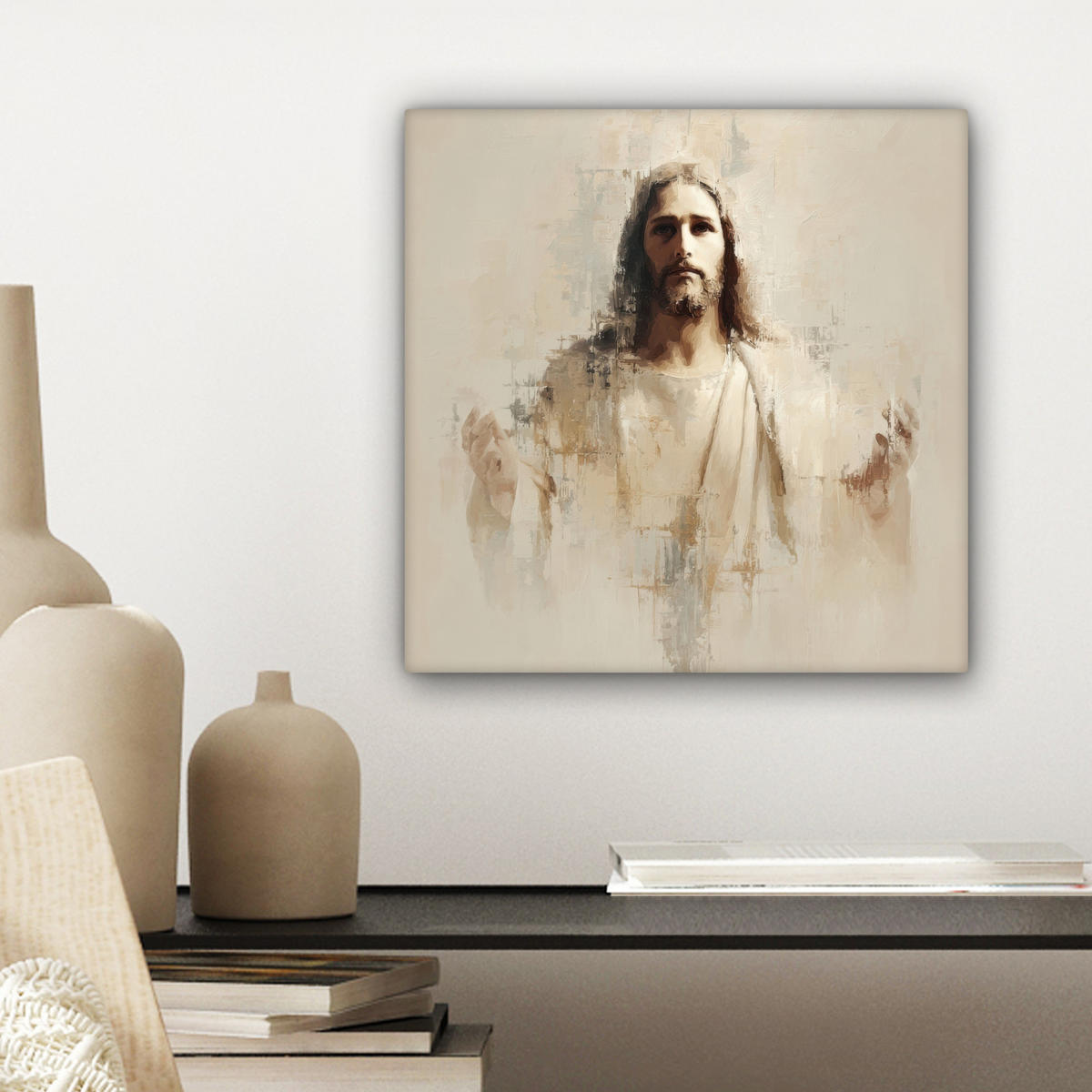 LEINWANDBILD Porträt - Abstrakt - Jesus - Beige Deko Wohnzimmer 20x20 cm - Beige, Textil (20/20cm) - MuchoWow
