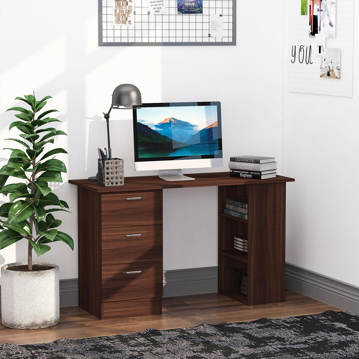 SCHREIBTISCH Walnussoptik mit Schubladen und Regalfächern 120/49/72 cm - Walnussfarben, Holz (49/120/72cm) - PANGIVO