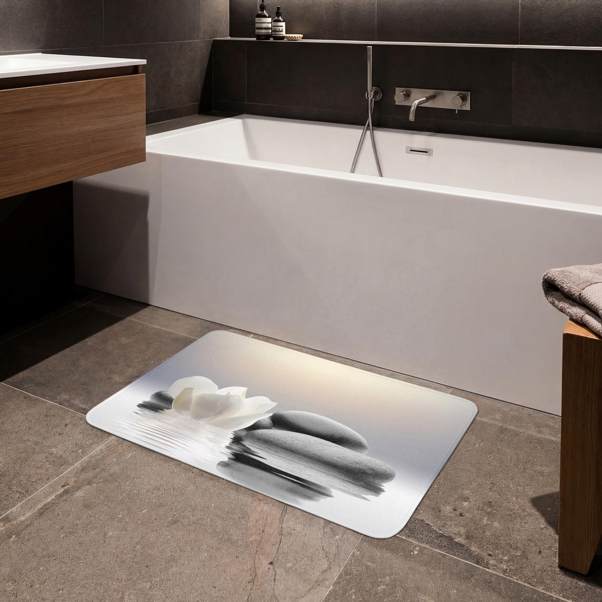KOUPELNOVÁ PŘEDLOŽKA Kameny - Lotos - Bílý - Voda - Zen 80x50 cm - bílá, textil/plast (80/50cm) - OnlyWow