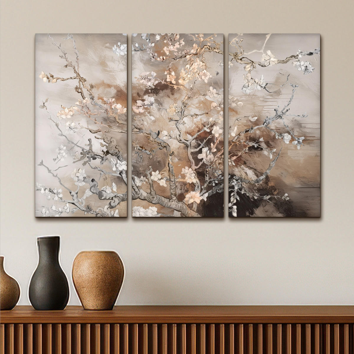 LEINWANDBILD 3er Set Mandelblüte - Abstrakt - Beige 90x60 cm - Beige, Textil (90/60cm) - MuchoWow