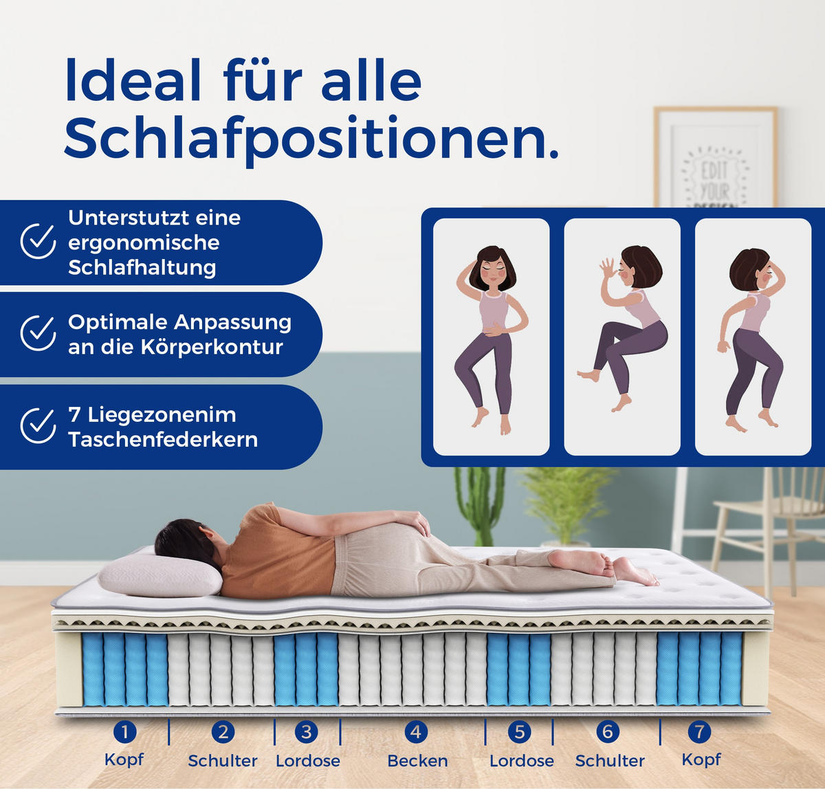 TASCHENFEDERKERNMATRATZE 120/200 cm H3, 25 cm hoch, 7 Zonen, mit Sitzkantenverstärkung - Creme, Textil (120/200cm)