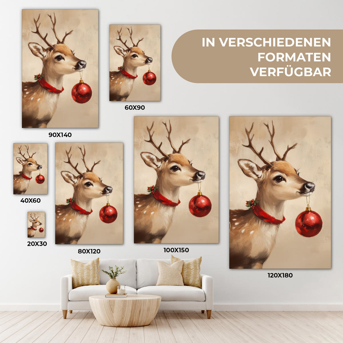 LEINWANDBILD Weihnachten - Hirsch - Geweih - Weihnachtskugel - Rentier 20x30 cm - Hellbraun, Textil (20/30cm) - MuchoWow