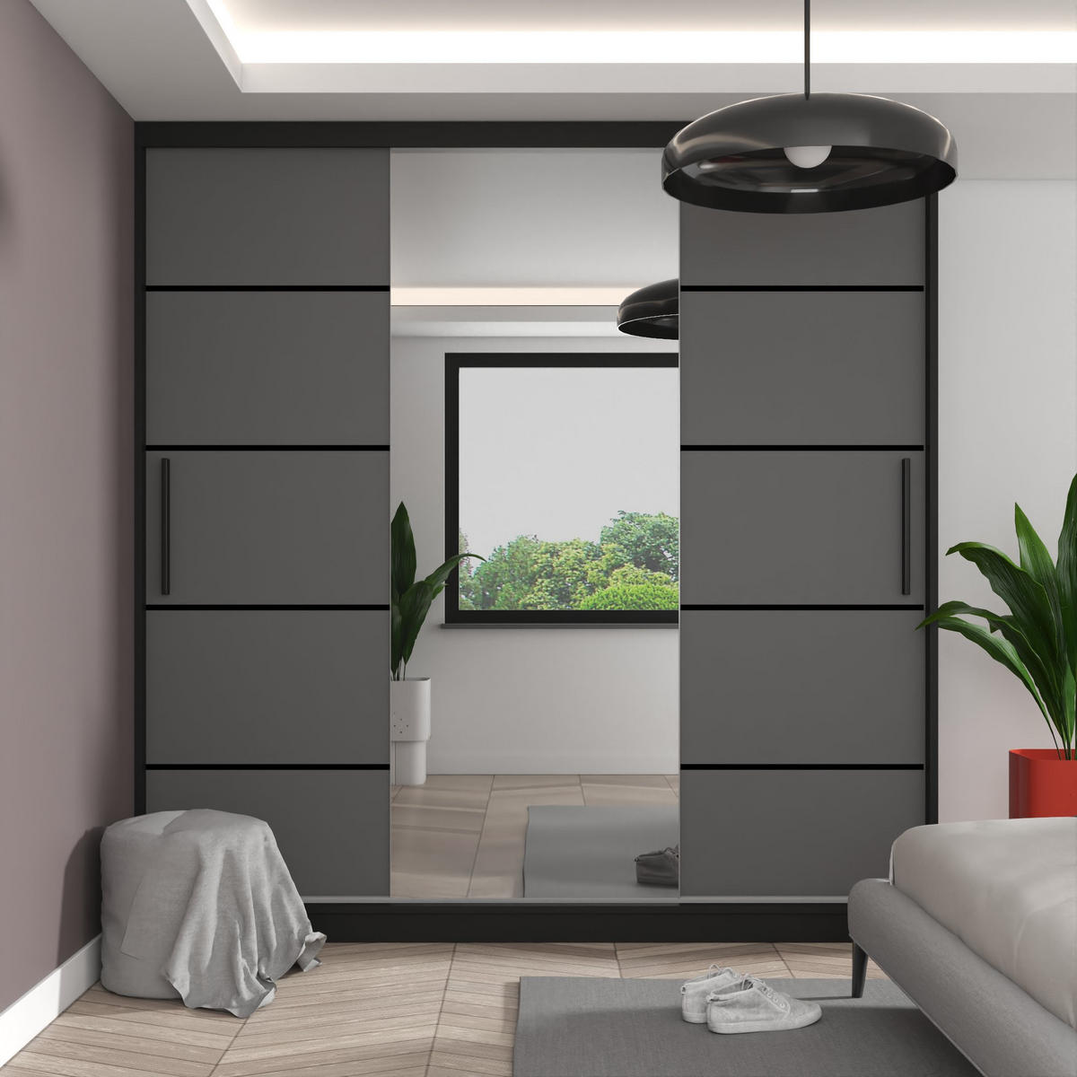 SCHWEBETÜRENSCHRANK Verona MT, Schwarz/Grau Matt, 200 cm, mit Spiegel - Grau, Holz (200/216/60cm) - B BELINI GROUP