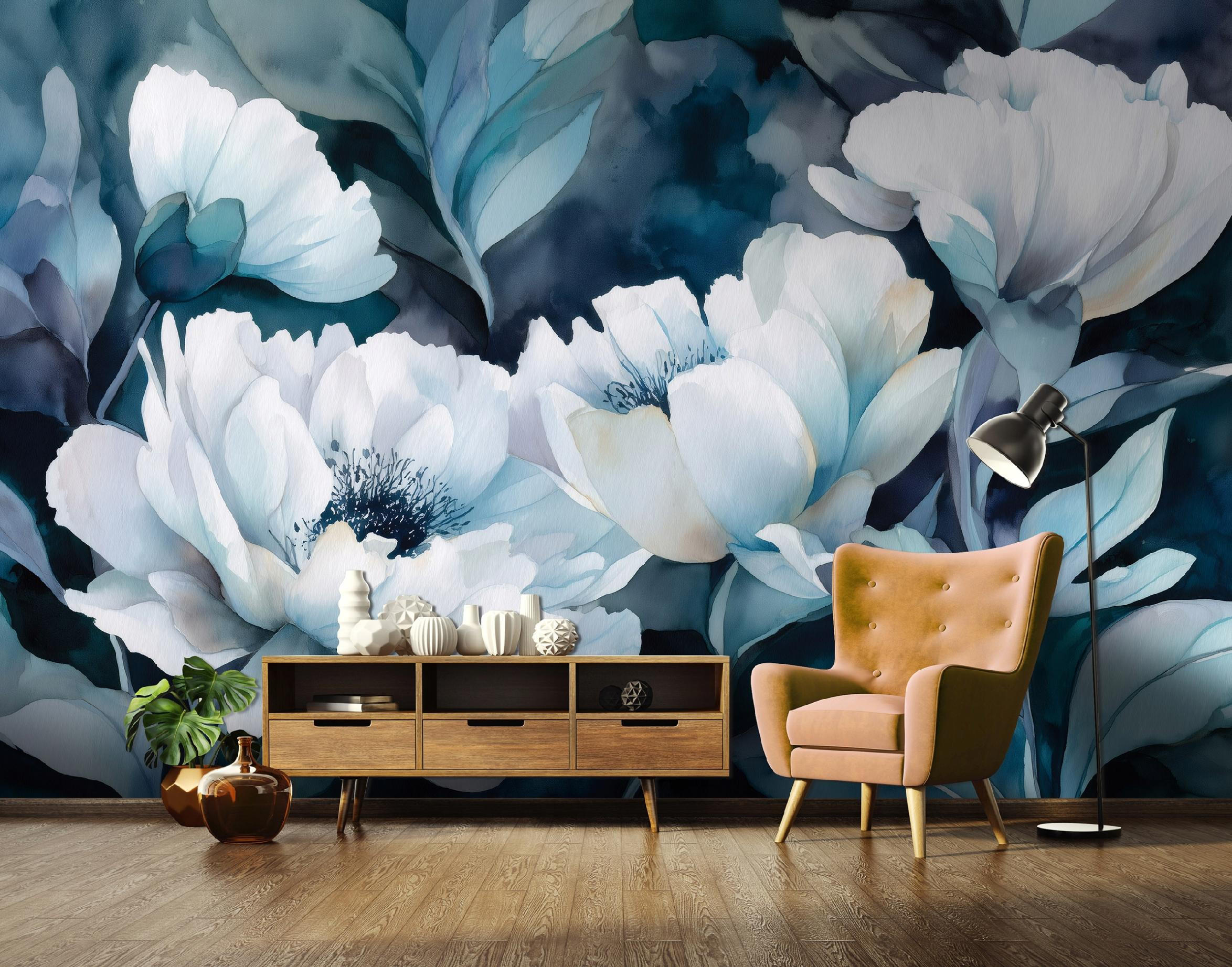 FOTOTAPETE Blumen Abstrakt Blau 300x210 cm - Multicolor, Papier (300/210cm) - Wallarena