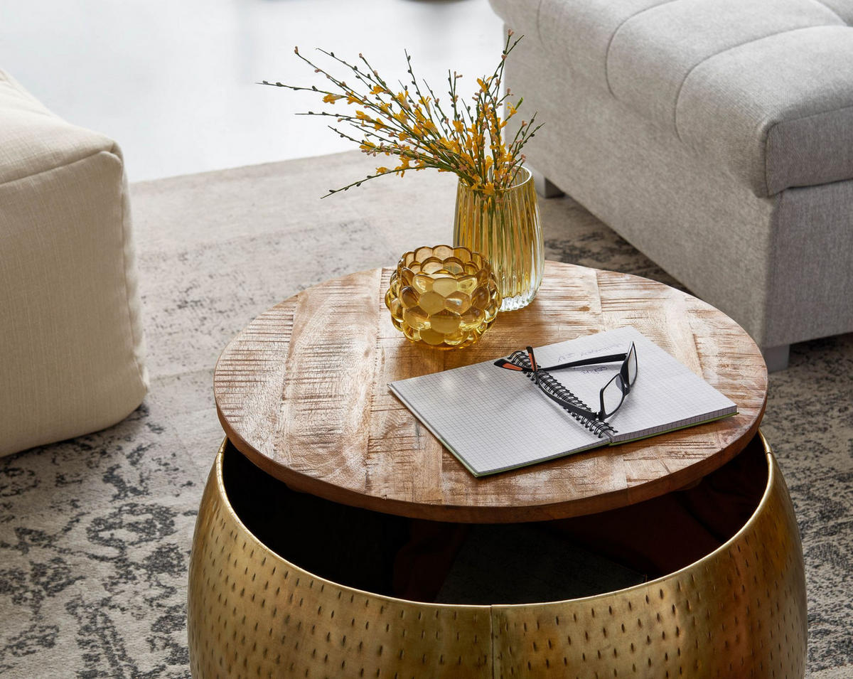 COUCHTISCH Massivholz Braun Gold, Modernes Design, Stauraum, Modell Aurora - Goldfarben, Holz/Metall (60/60/40cm) - KADIMA DESIGN