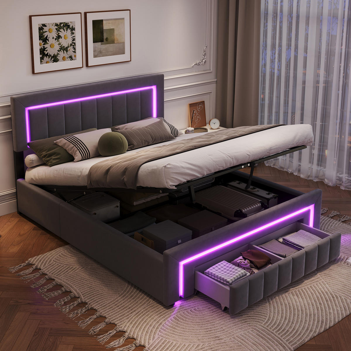 POLSTERBETT 140/190 cm mit hydraulischem Bettkasten, Schublade mit Rollen, LED-Beleuchtung, Grau - Grau, Textil (140/190cm) - Redom