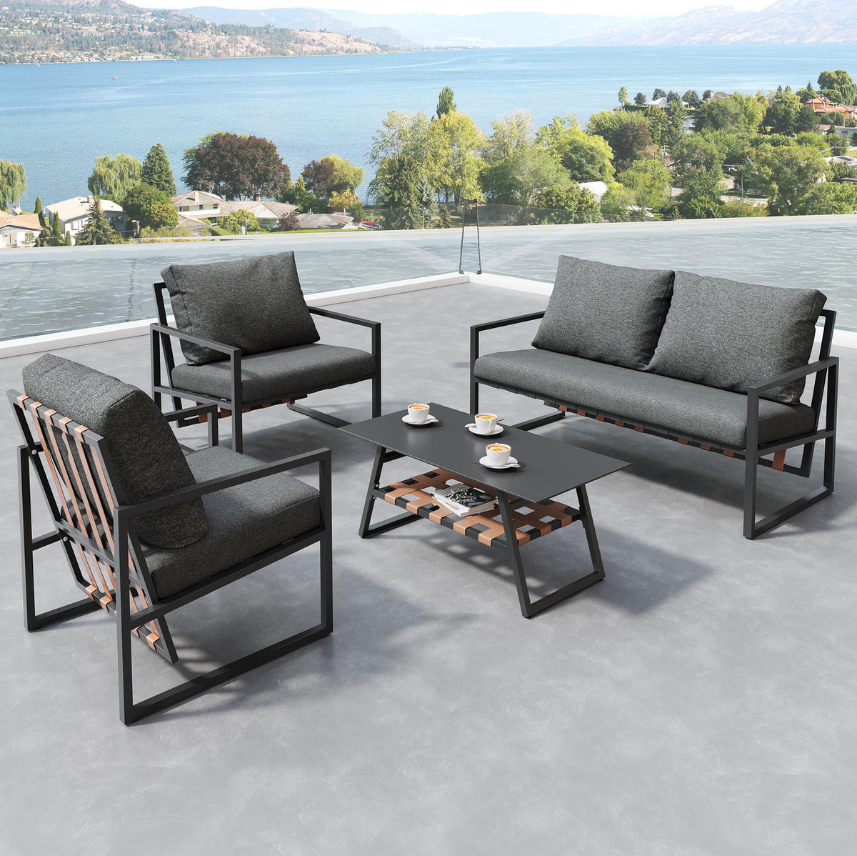 GARTENMÖBELSET aus Kunststoff 114x57x80cm schwarz mit Couchtisch und Kissen - Schwarz, Kunststoff - Modfu