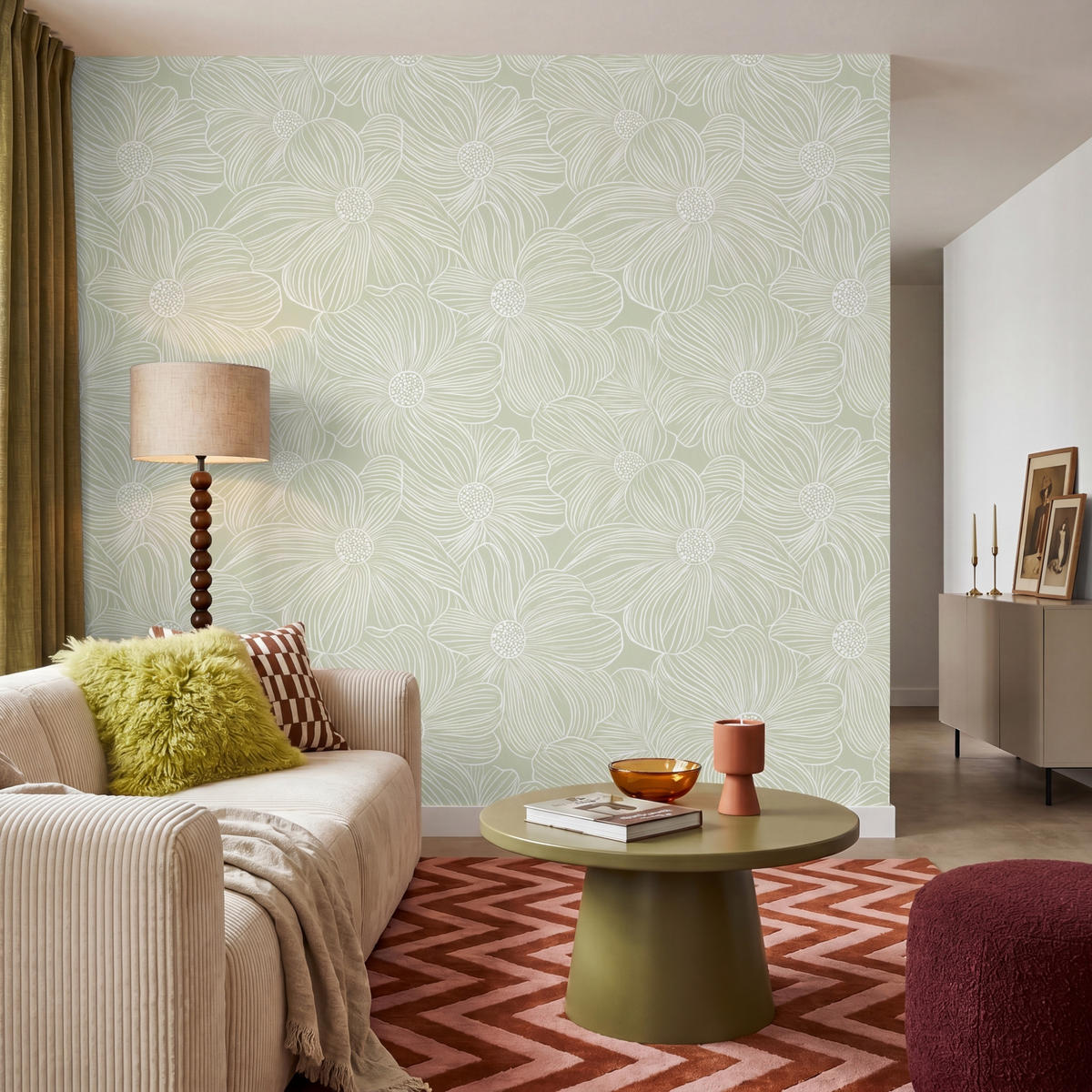 TAPETE - Gelassenheit - Blumen - Grün - 240x220 cm - Salbeigrün, Papier (240/220cm) - OnlyWow