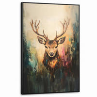 LEINWAND Bilder mit Rahmen - Hirsch - Gemalt - Geweih - Braun - 100x150 - Haselnussfarben, Textil (100/150cm) - MuchoWow
