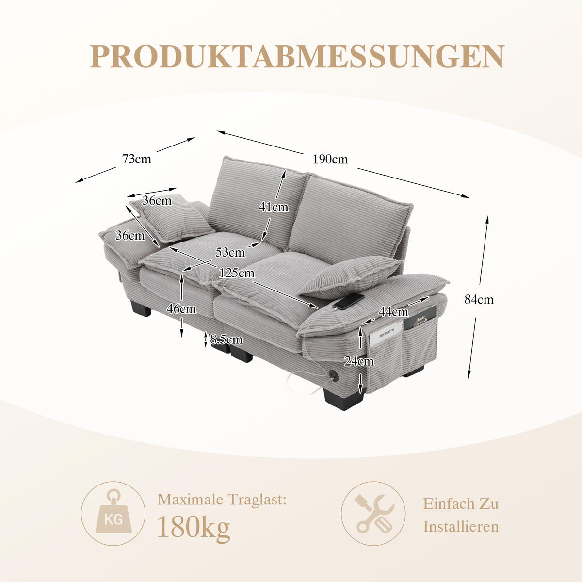 2-SITZER SOFA Cord Hellgrau mit USB-C und Seitentaschen - Hellgrau, Holzwerkstoff/Kunststoff (190/84/73cm) - WISHDOR