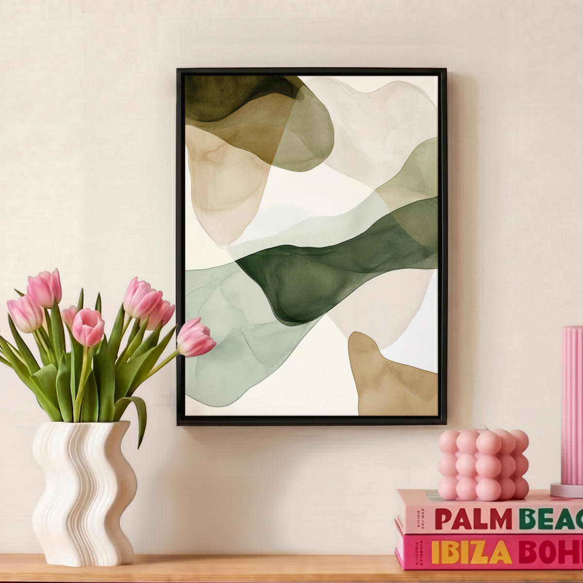LEINWAND Bilder mit Rahmen - Japandi - Abstrakt - Grün - 30x40 - Salbeigrün, Textil (30/40cm) - MuchoWow