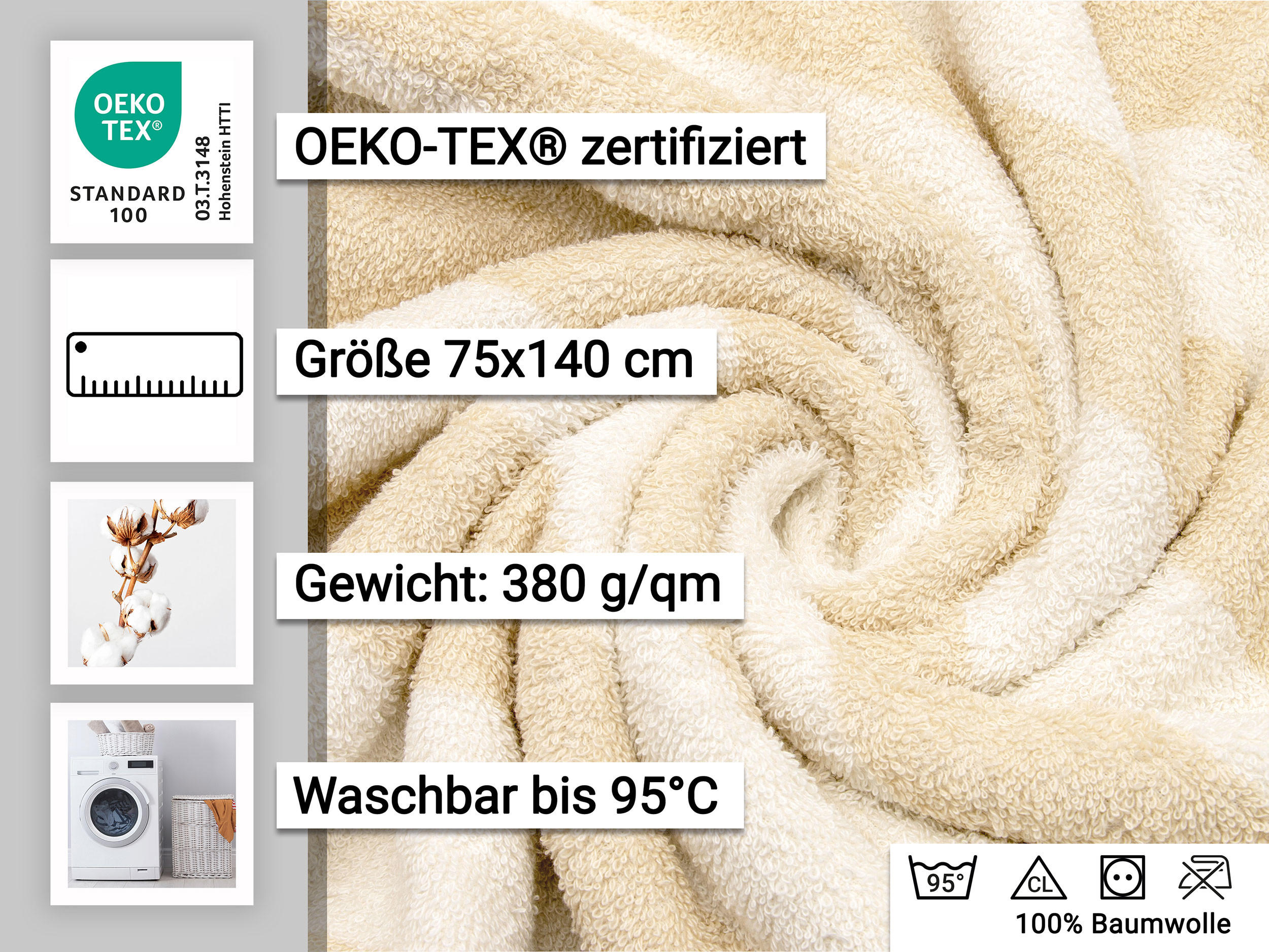 DUSCHTÜCHER, 2er-Set, 75x140 cm, 100% Baumwolle, Braun - Beige, Textil (75/140cm) - Zollner