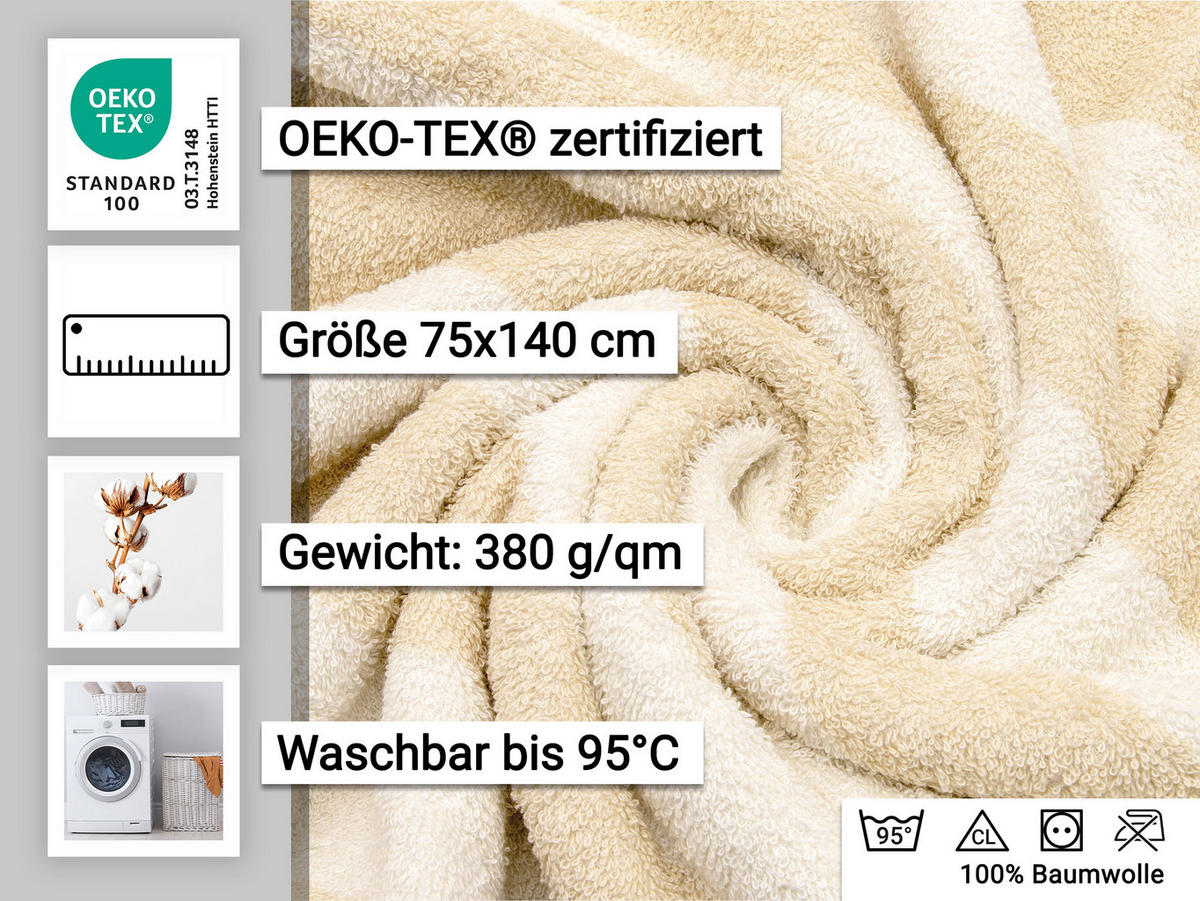 DUSCHTÜCHER, 2er-Set, 75x140 cm, 100% Baumwolle, Braun - Beige, Textil (75/140cm) - Zollner