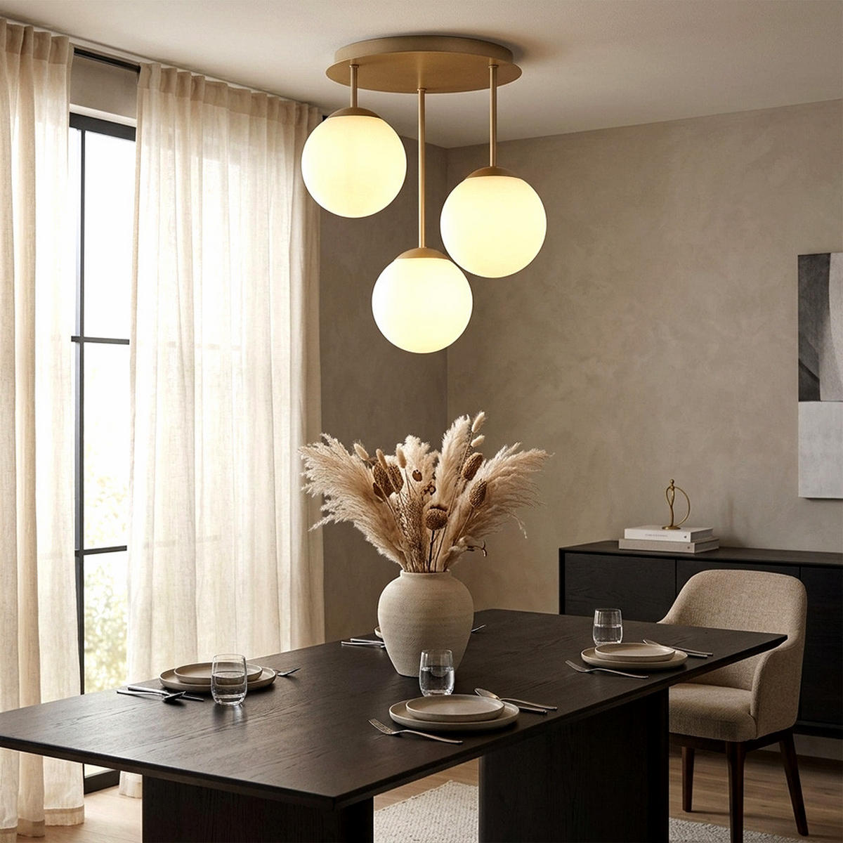 DECKENLEUCHTE HARMON Metall Champagner matt Glas opal 3x E14 - Champagner, Glas (34/32.5/40cm) - Globo Lighting