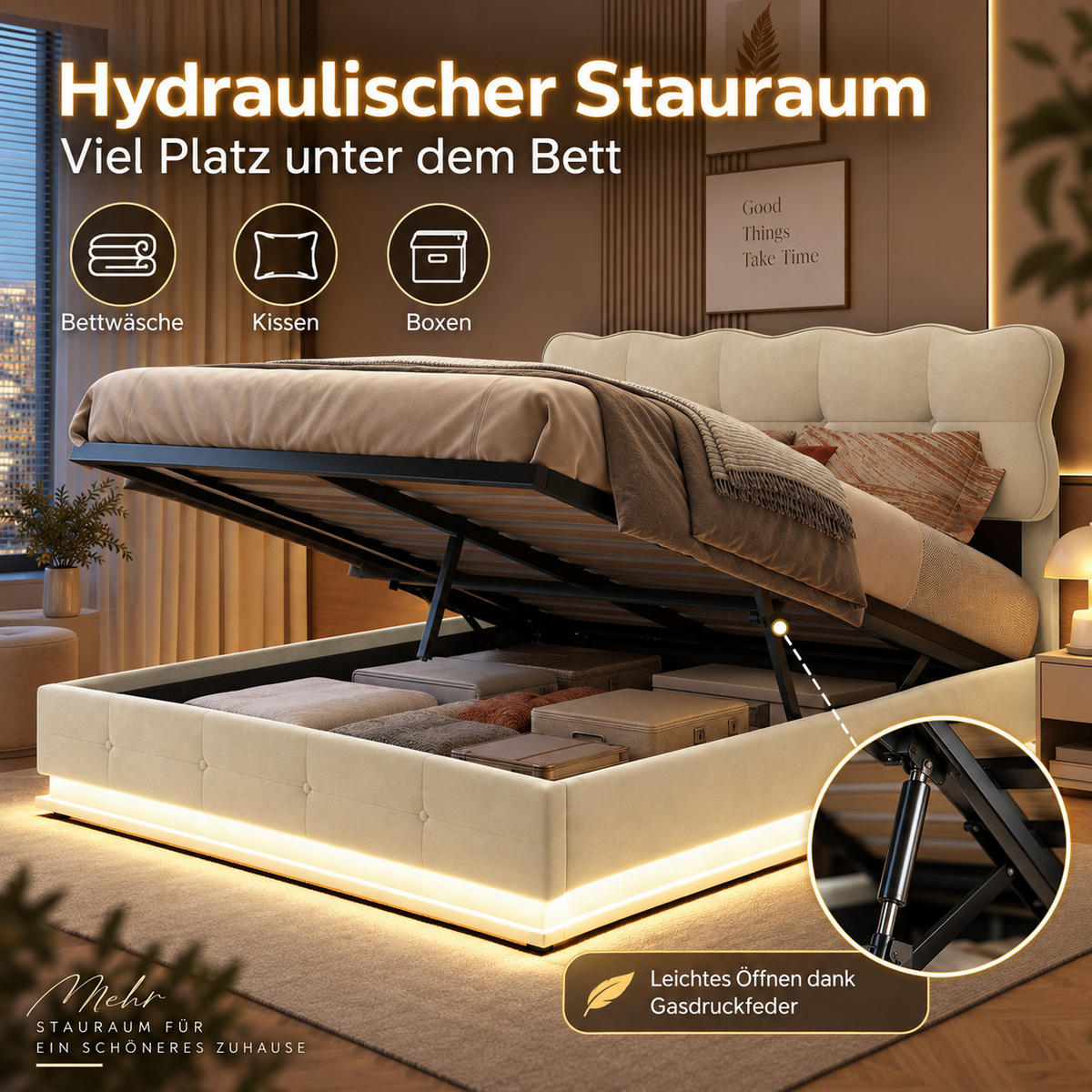 POLSTERBETT 140/190 cm mit LED-Beleuchtung - Beige, Holz/Metall (140/190cm) - Joyfair