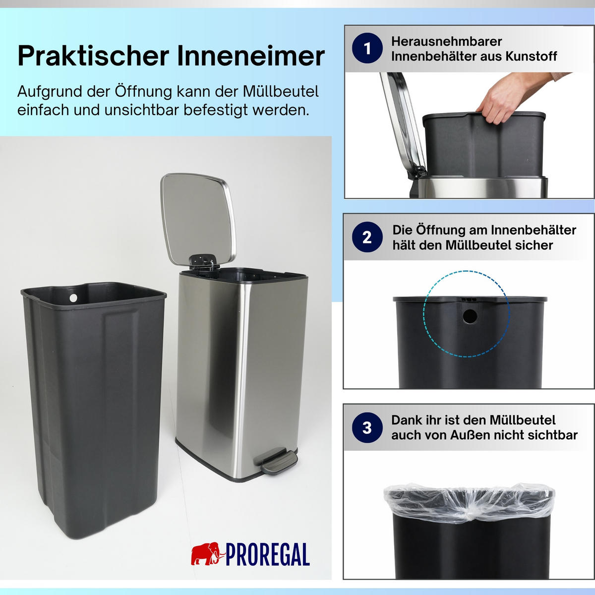 MÜLLEIMER 50 Liter mit Softclose & Fußpedal - Silberfarben, Metall (41.5/67.5/49cm) - PROREGAL