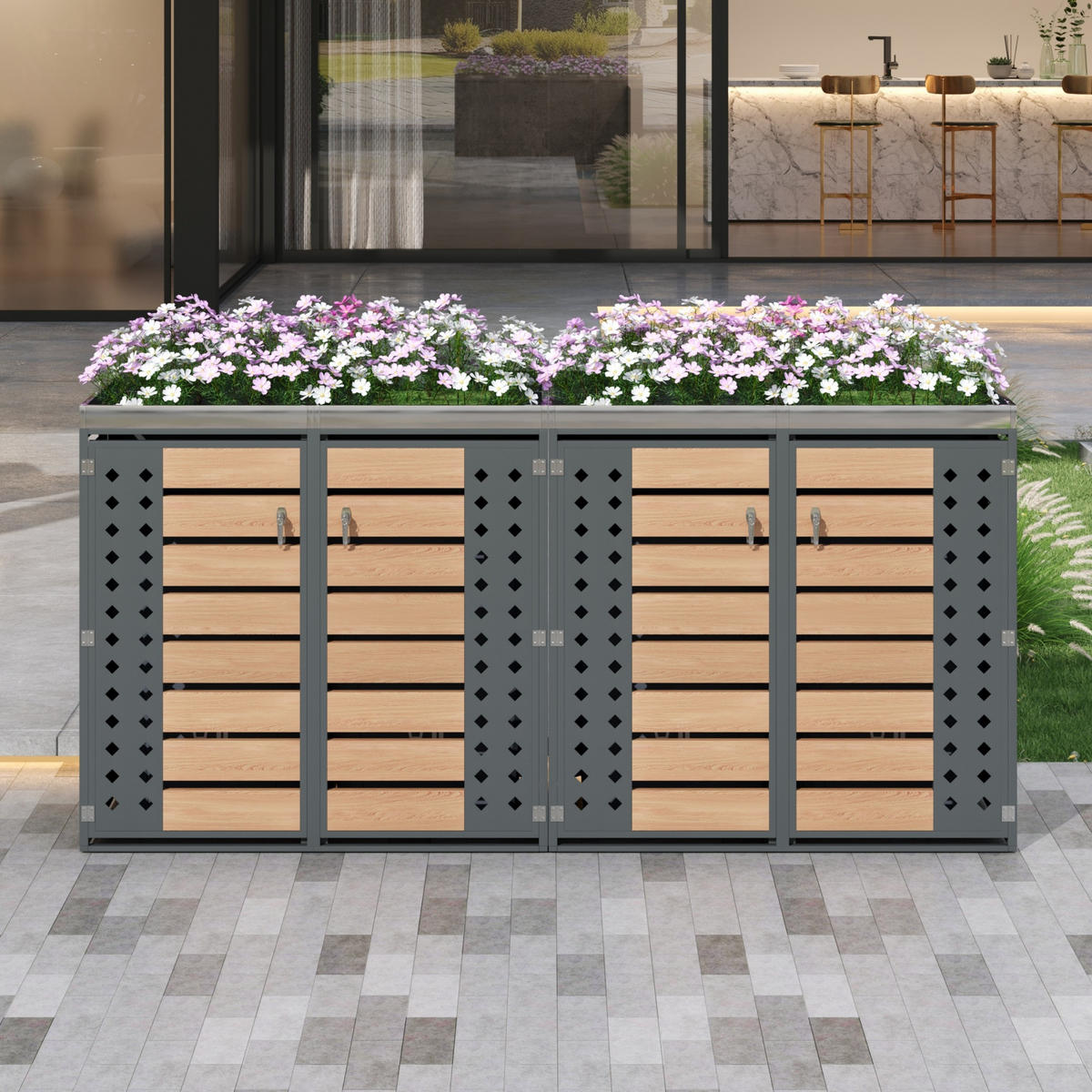 MÜLLTONNENBOX Mit Pflanztrog Holzoptik/Grau - Braun, Metall (132/124.5/80cm) - ComfortXL