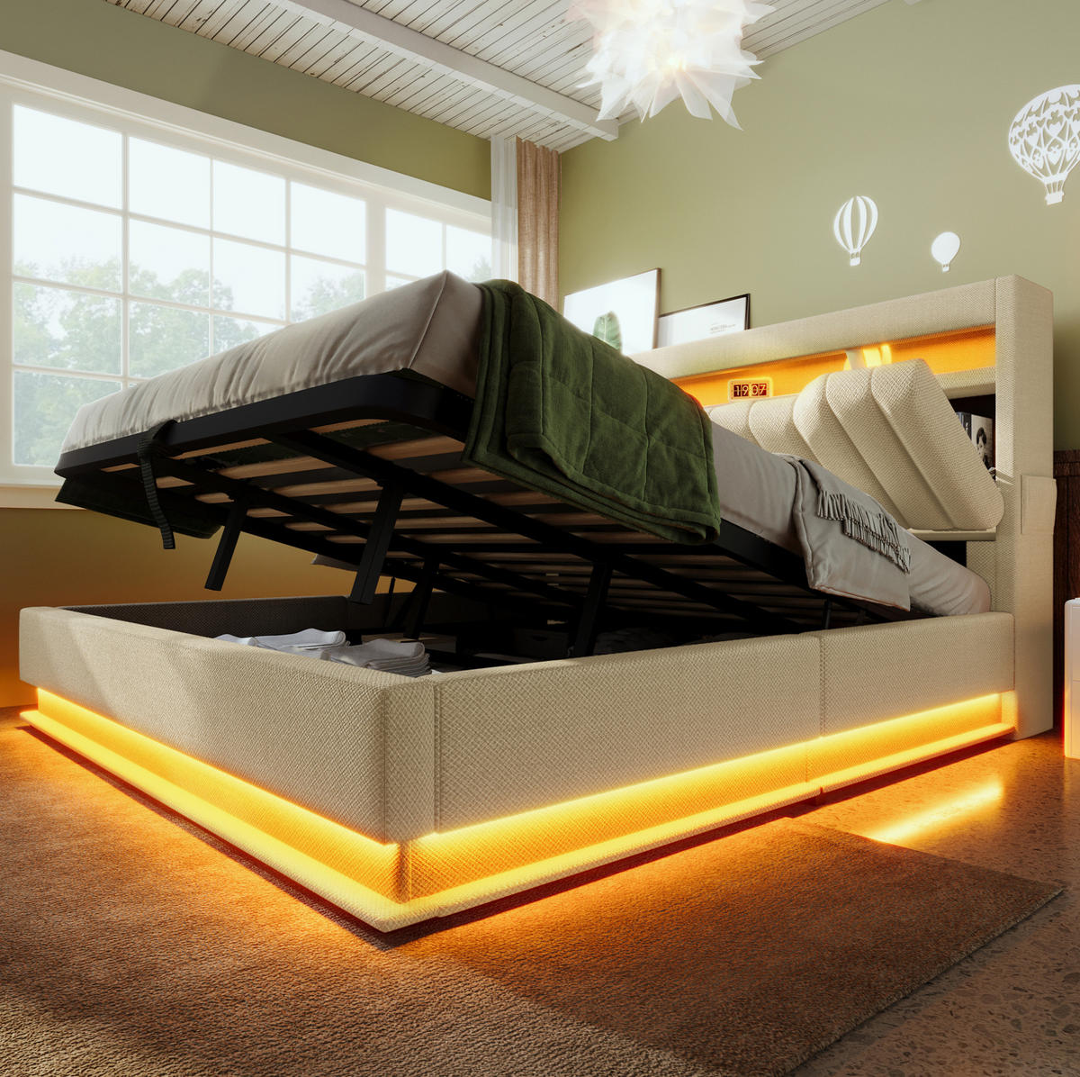 POLSTERBETT mit Stauraum, LED und USB 140x200 cm Beige Leinen - Beige, Metall (140/200cm) - Meubliv