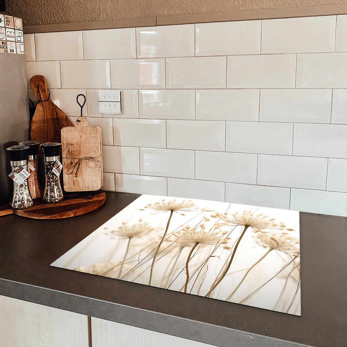 HERDABDECKPLATTE Blumen - Weiß - Sonnenlicht 59x51 cm - Ecru, Kunststoff (59/51/0.2cm) - MuchoWow