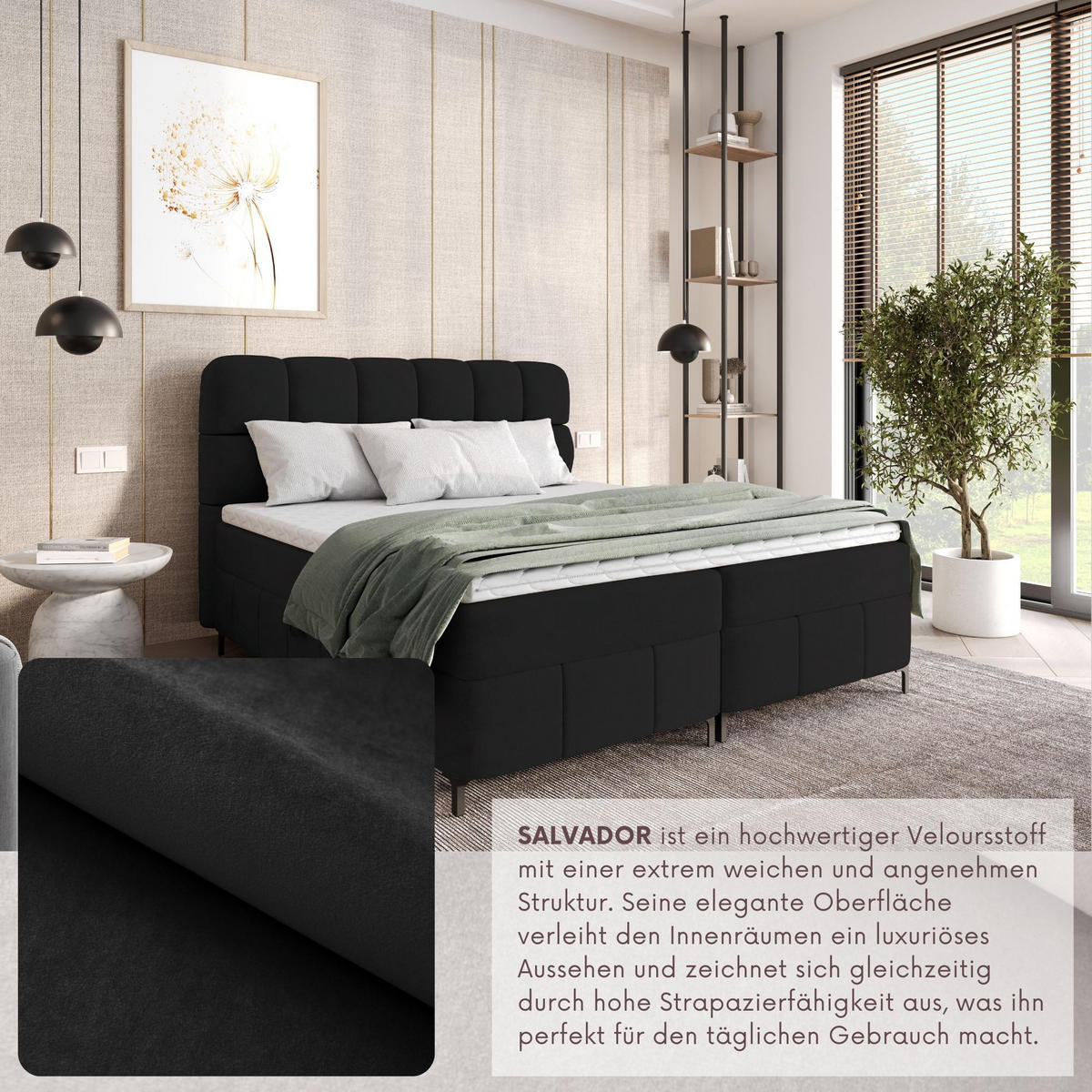 BOXBETT Cynthia 160x200 schwarz H3 - Schwarz, Textil (160/200cm) - AN-Moebel 4u