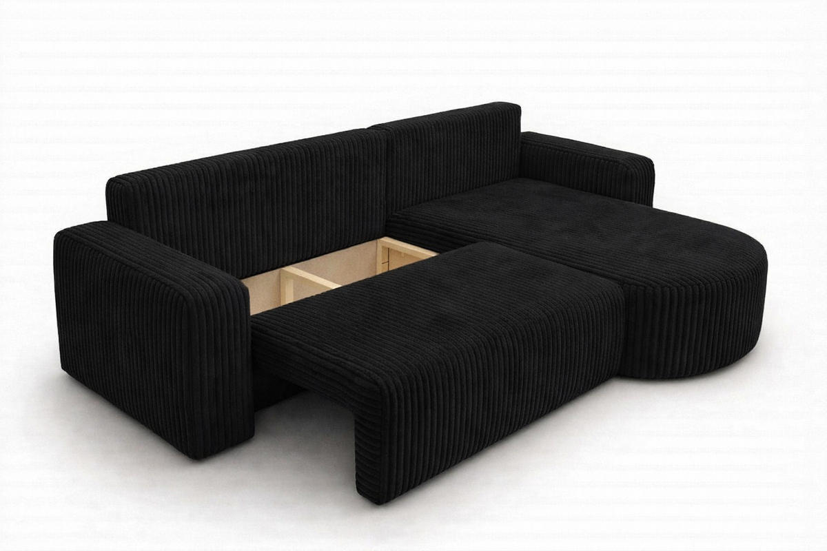 ECKSOFA Mit Schlaffunktion, Cordstoff Tilia, Schwarz, Rechts, ROUND ONE XL - Schwarz, Holz (271/175cm) - Kaiser Möbel