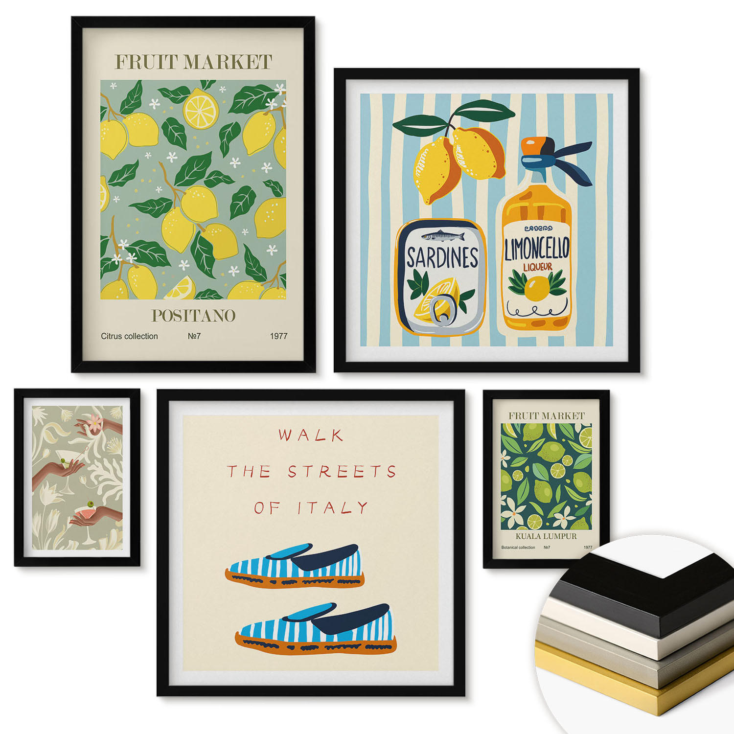 WANDBILDER 5er-Set - 50x50 cm & 20x30 cm & 40x60 cm Schwarzer Rahmen - Zitrusfrüchte der italienischen Tropen - Schwarz, Kunststoff (40/60cm) - ArtPrintCave