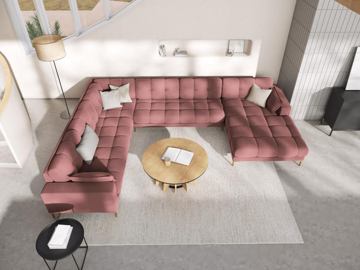 PANORAMASOFA links Mamaia aus Samt rosa 7 Sitzplätze - Pink, Textil (256/75/327cm) - Micadoni