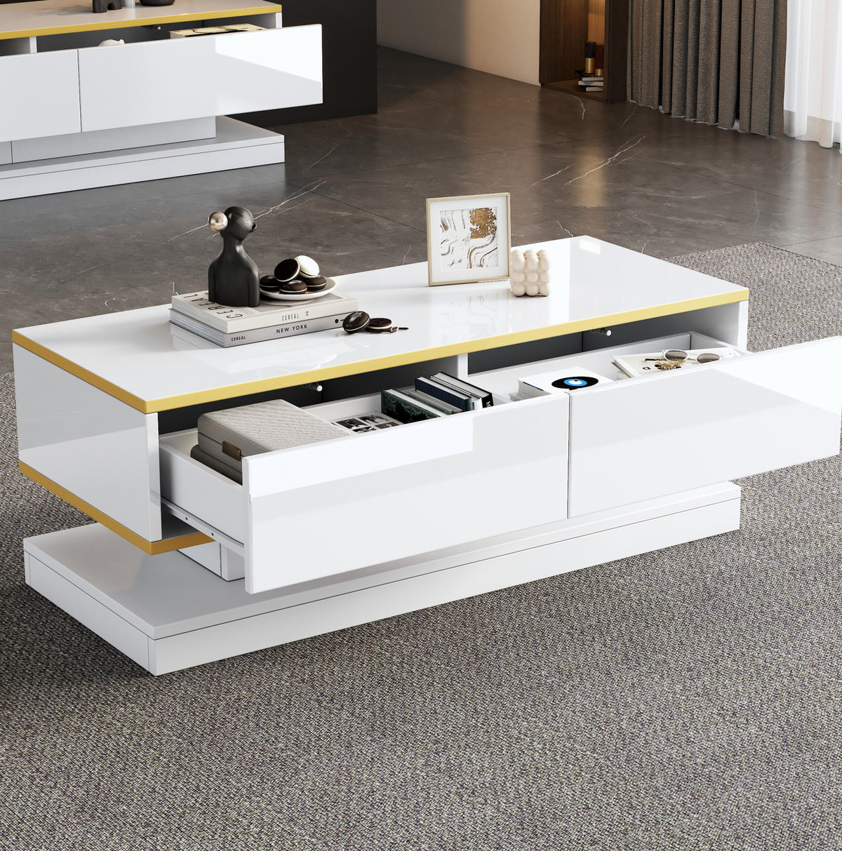 KLUBSKA miza, 100/50/38 cm bela, visok sijaj z 2 predaloma - bela, leseni material (100/50/38cm) - BEAOK