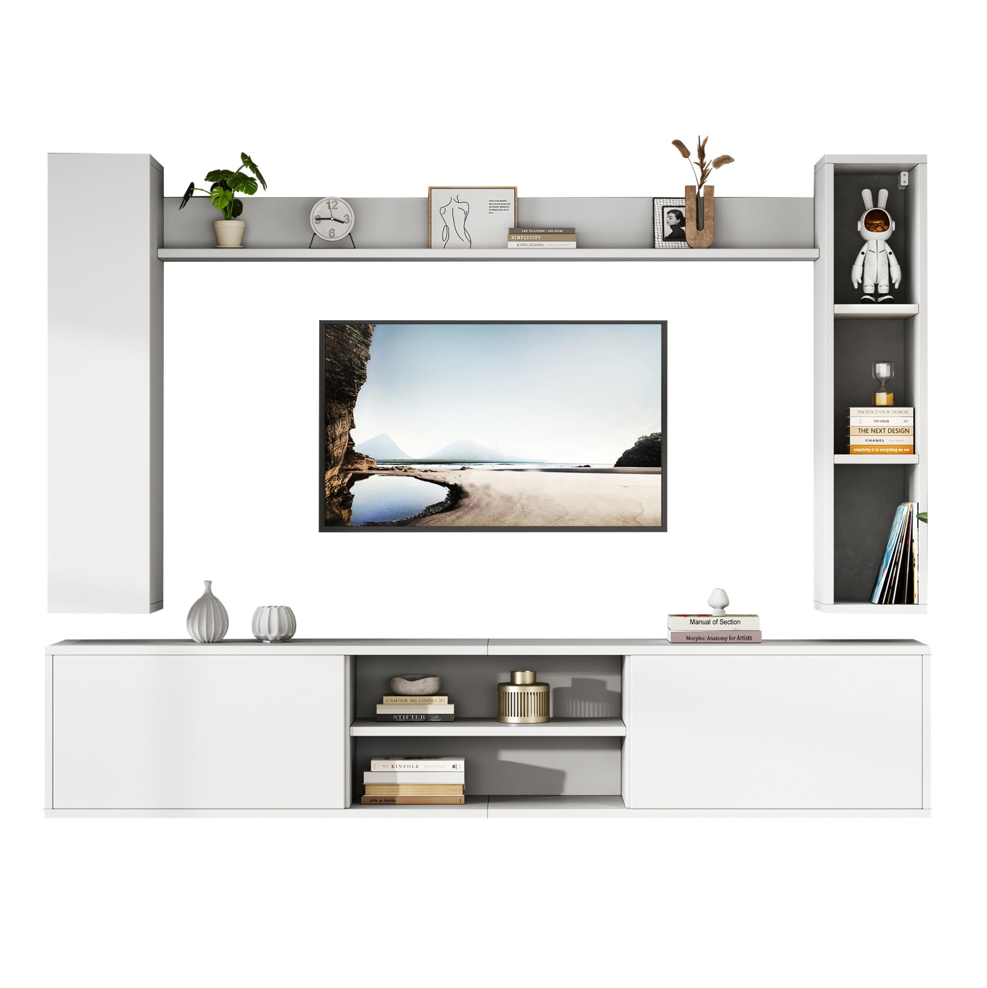 TV-WOHNWAND-SET 180/35/33,5 cm weiß Spanplatte mit 2 Wandschränken und Wandregal - Weiß, Holzwerkstoff (180/33.5/35cm) - OKWISH