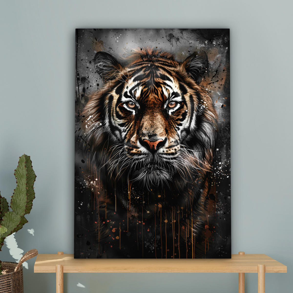 LEINWANDBILD Tiger - Tiere - Porträt - Luxus - Schwarz 60x90 cm - Anthrazit, Textil (60/90cm) - MuchoWow