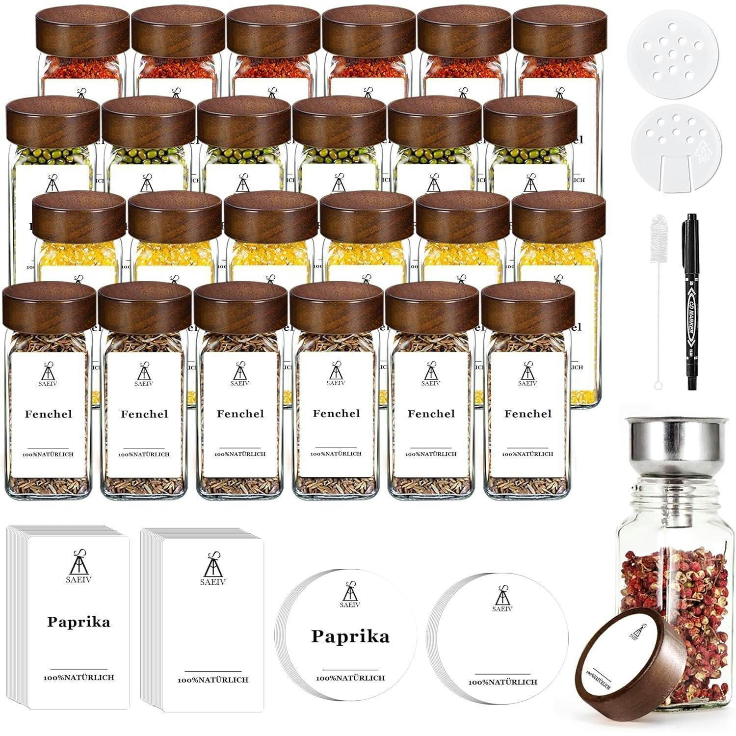 GEWÜRZGLÄSER Set 24-teilig mit Akazienholzdeckeln aus Borosilikatglas - Multicolor, Glas (4.5/10.5/4.5cm)