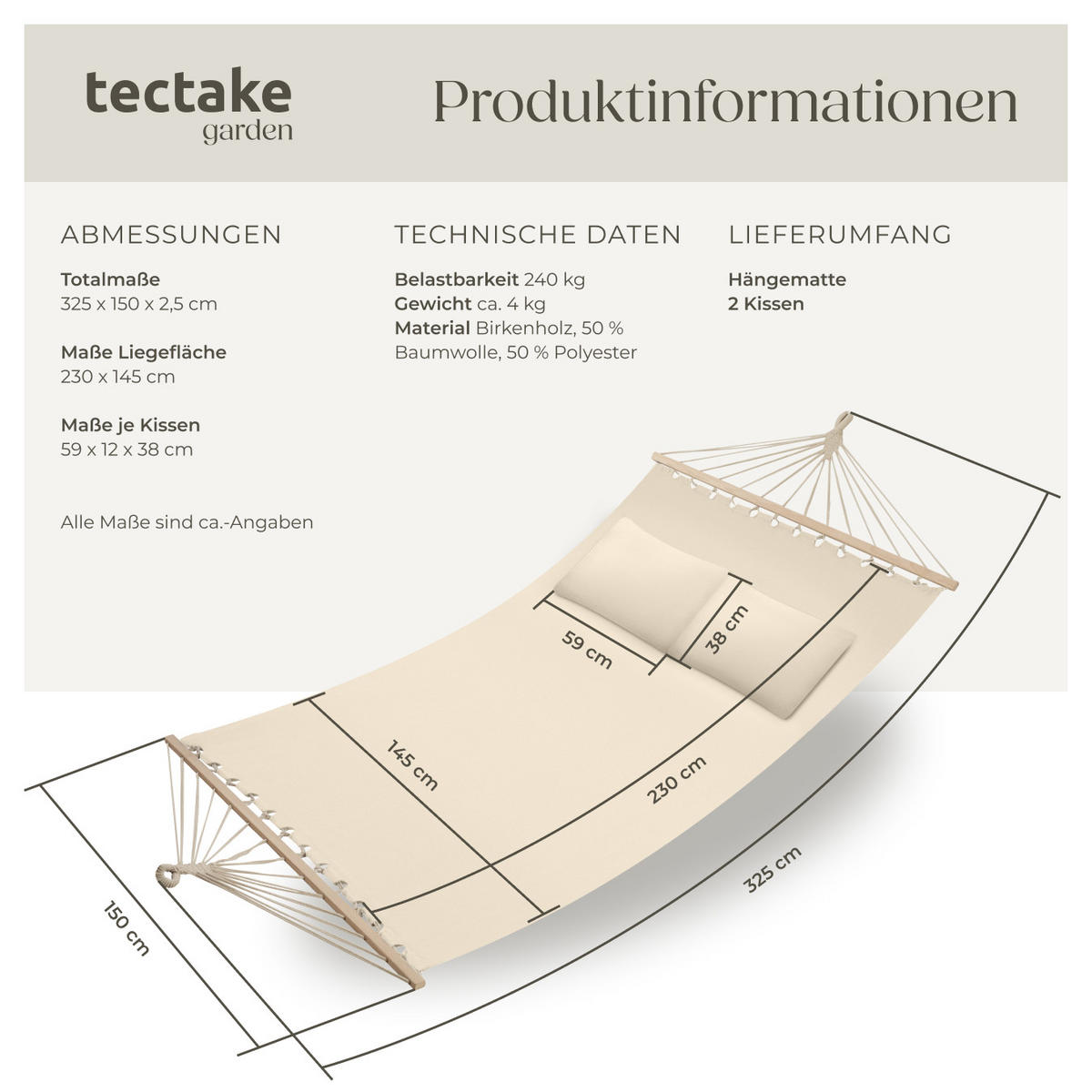 HÄNGEMATTE Eden,230 x 145 cm,beige - Beige, Kunststoff (150/2.5/325cm) - tectake
