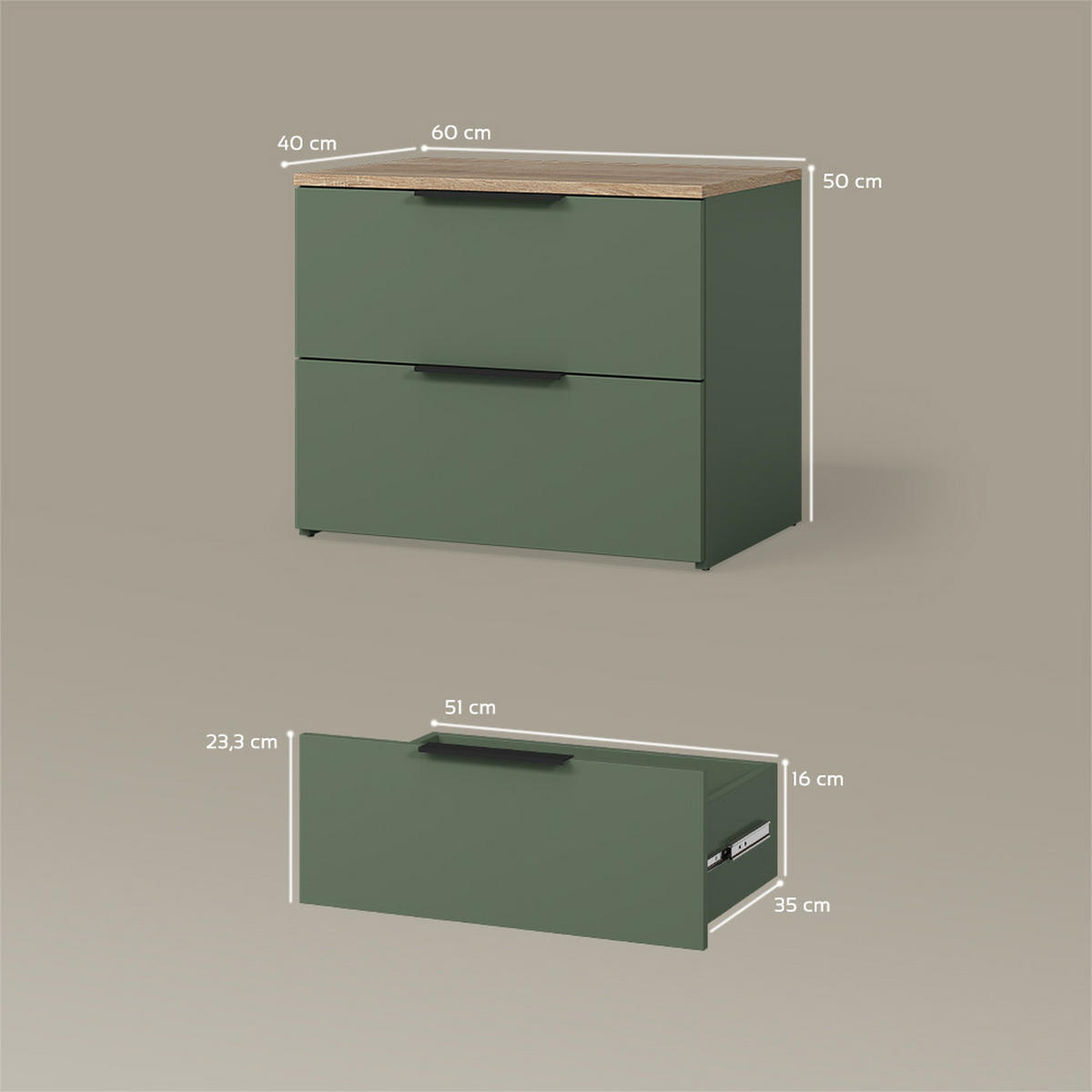 KOMMODE Piave Grün 60 x 50 cm mit 2 Schubladen - Grün, Holzwerkstoff (60/50/40cm) - Livinity®