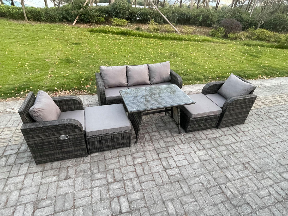 GARTENMÖBELSET mit ESSTISCH,SOFA Polyrattan 7-Sitzer - Dunkelgrau/Grau, Glas/Kunststoff - Fimous