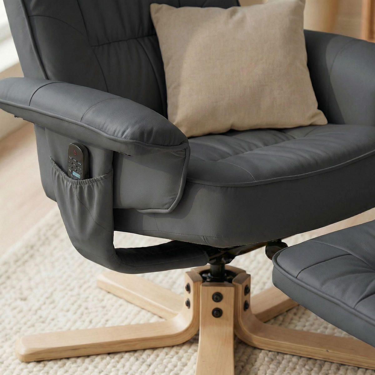 RELAXSESSEL KUNSTLEDER, SET MIT HOCKER CHARLY - Grau, Textil (76/87/61cm) - IDIMEX