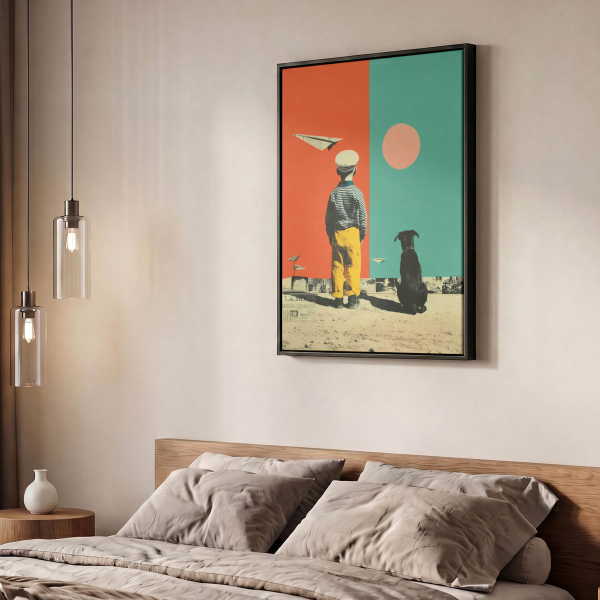LEINWAND Bilder mit Rahmen - Retro - Junge - Hund - Rot - Grün - 50x70 - Orange, Textil (50/70cm) - MuchoWow