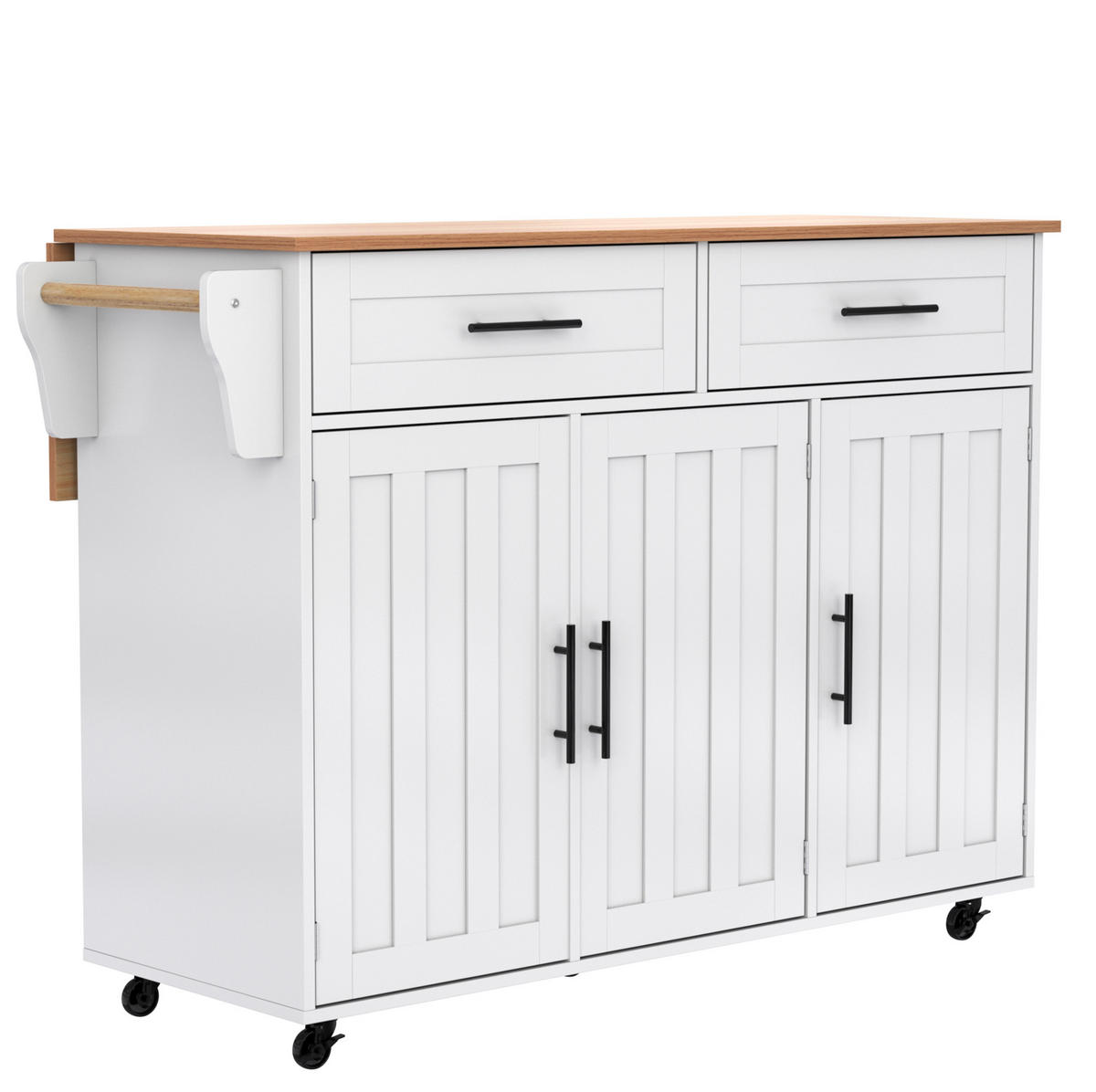 KÜCHENINSEL 129/46(71)/91,5 cm mit klappbarer Arbeitsplatte, Schubladen, Rollen und wechselbaren Füßen, Weiß - Weiß, Holzwerkstoff (120/91.5/46cm) - Redom