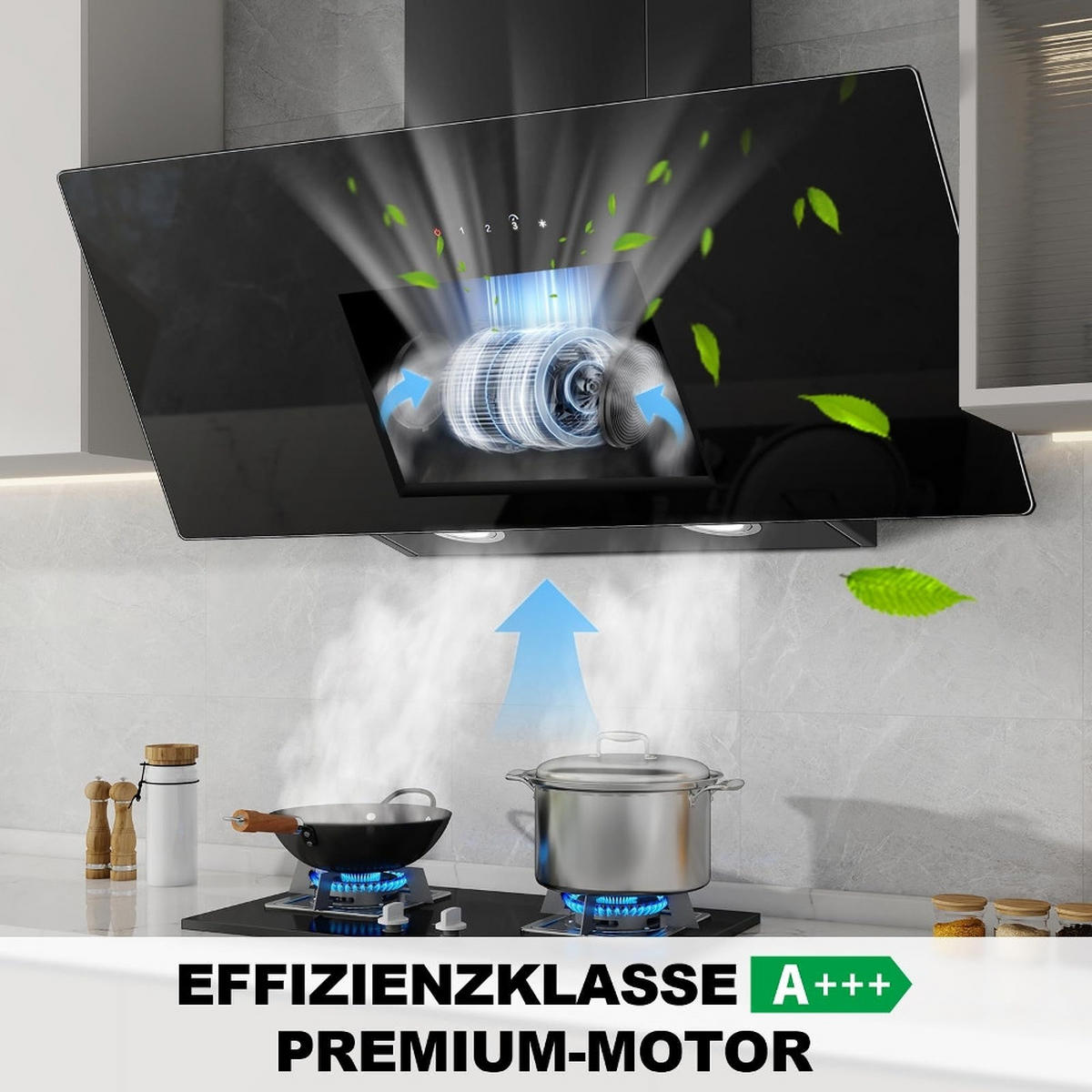 DUNSTABZUGSHAUBE Kopffreihaube, TOUCHSCREEN, UMLUFT UND ABLUFT, Schwarz Glas, Wandhaube, 90 cm - Schwarz, Metall (35.1/44.5/95.4cm) - Rolipo