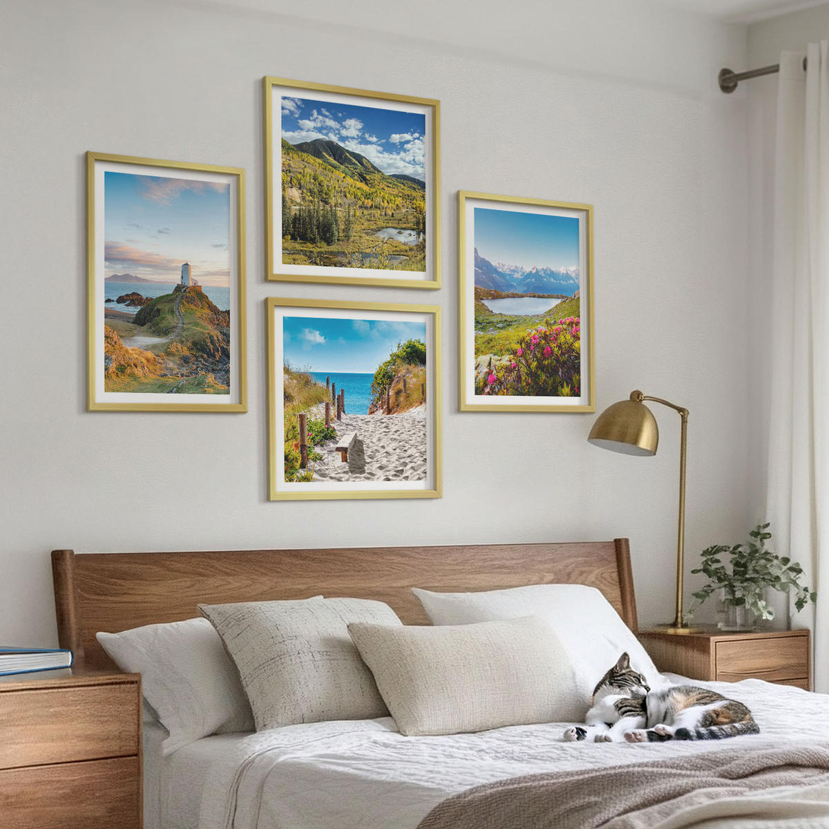 WANDBILDER 4er Set - 50x50 cm & 40x60 cm Goldrahmen - Strand, Leuchtturm, Berge, Wiesen, Blumen - Goldfarben, Kunststoff (50/50cm) - ArtPrintCave
