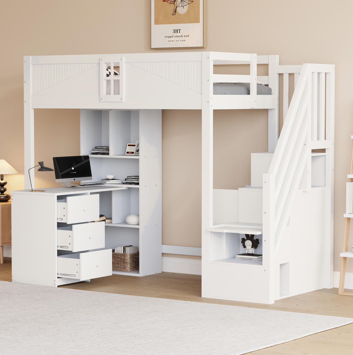 HOCHBETT 90/200 cm aus Massivholz mit Schreibtisch, Weiß - Weiß, Holz (90/200cm) - OKMYHOME