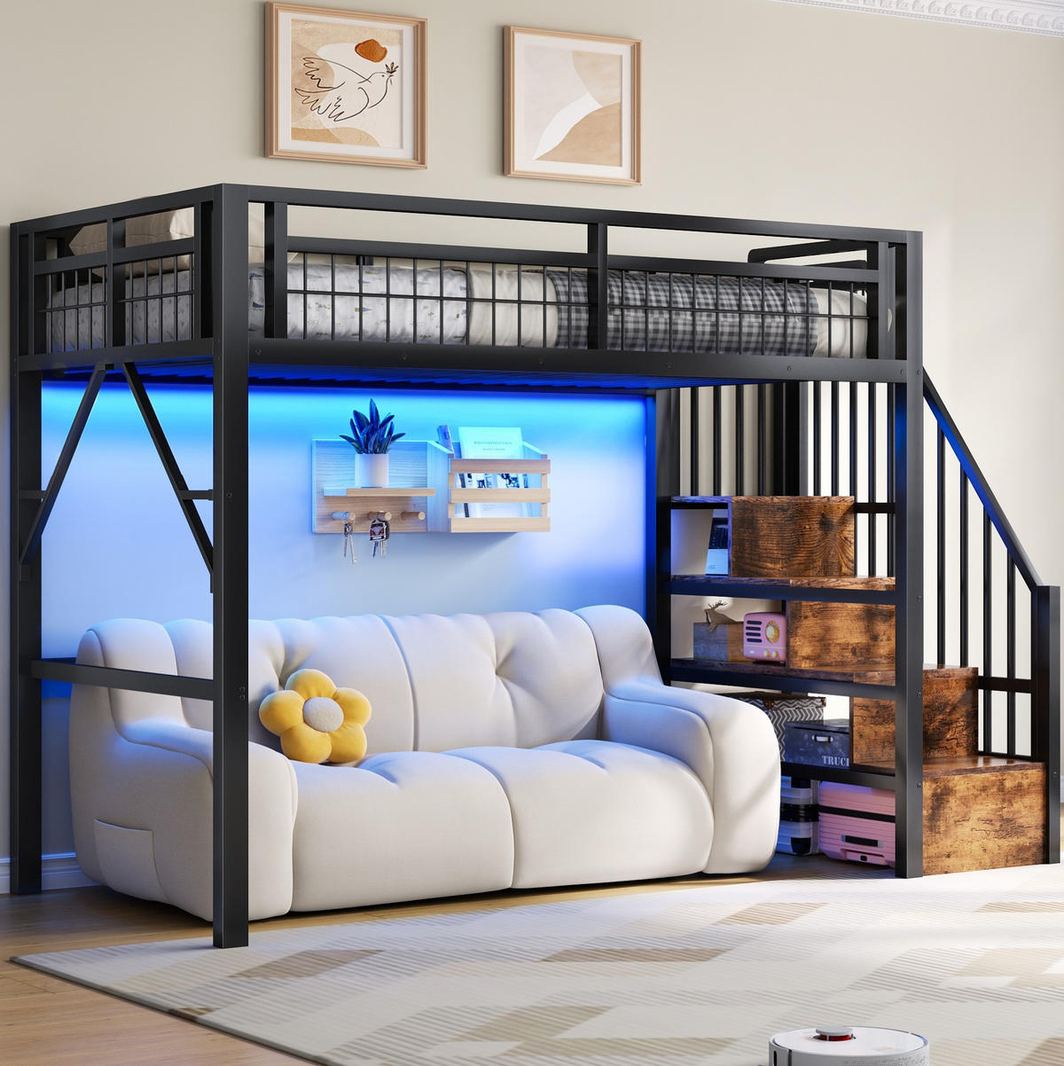 HOCHBETT 90/200 cm aus Metall mit LED-Lichtleiste, Treppe mit Stauraum und Freiraum unter dem Bett, Schwarz - Schwarz, Metall (90/200cm) - Redom