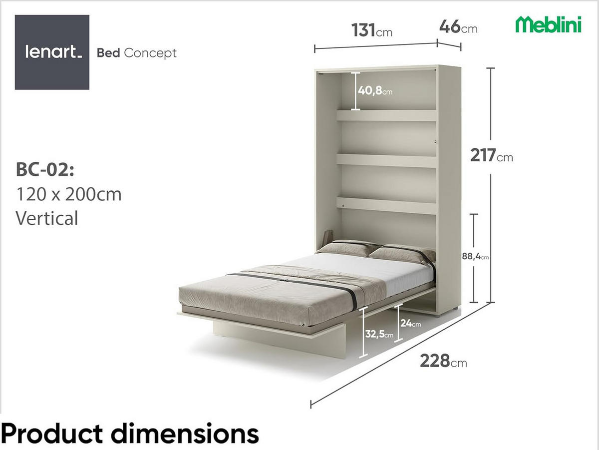 SCHRANKBETT BC-02 - 120x200cm Vertikal - Kaschmir mit Matratze - Kaschmir, Holzwerkstoff (120/200cm) - Meblini