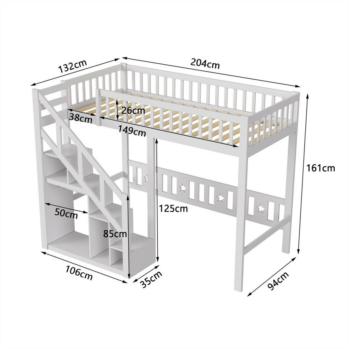 HOCHBETT 90x200 cm - Multifunktionales Kinderbett mit Treppenregal und hohem Rausfallschutz - ohne Matratze - Weiß - Weiß, Holz (90/200cm) - DELFA