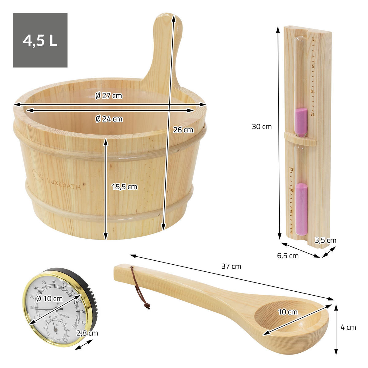 SADA SAUNOVÉHO PŘÍSLUŠENSTVÍ, 4dílná, z borového dřeva - přírodní, dřevo (27/30/37cm) - LuxeBath