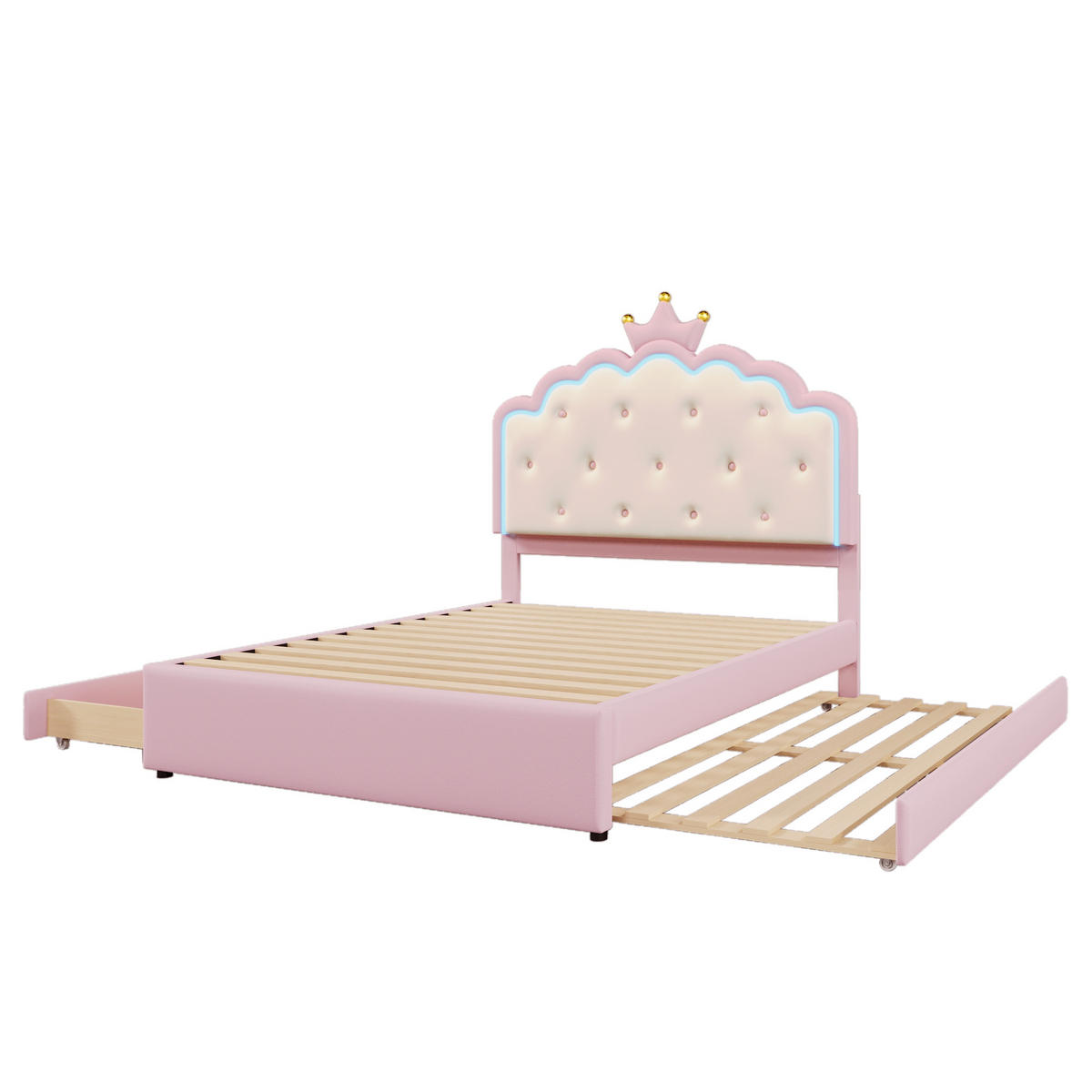 POLSTERBETT 140/200 cm mit LED-Beleuchtung, Ausziehbett und 2 Schubladen, Rosa - Pink, Kunststoff