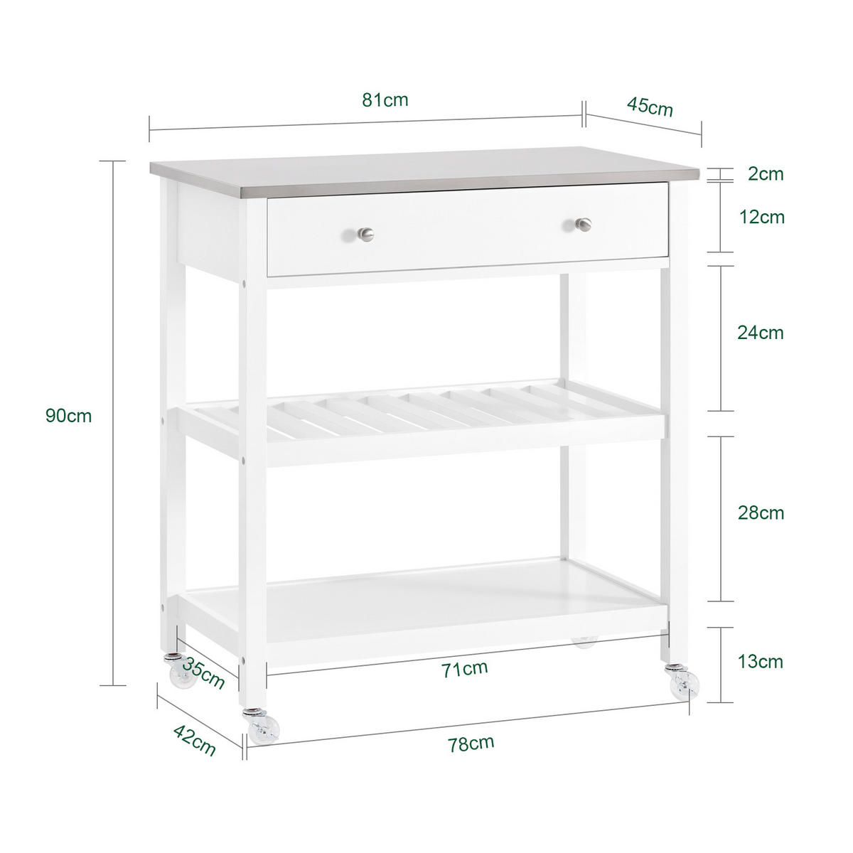 SERVIERWAGEN mit Arbeitsplatte, Weiß, 81x90x45cm - Weiß, Holzwerkstoff (100/92/45cm) - SoBuy