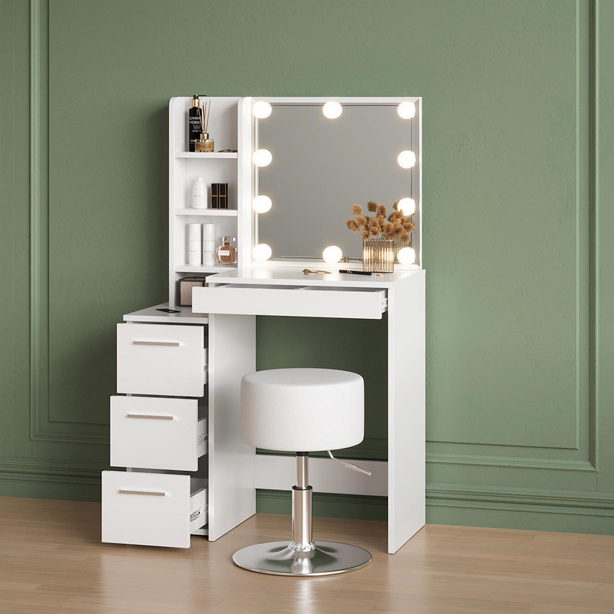 SCHMINKTISCH Ivera Weiß 79.9 cm mit Hocker - Weiß, Holzwerkstoff (79.9/127.4/40cm) - Livinity®