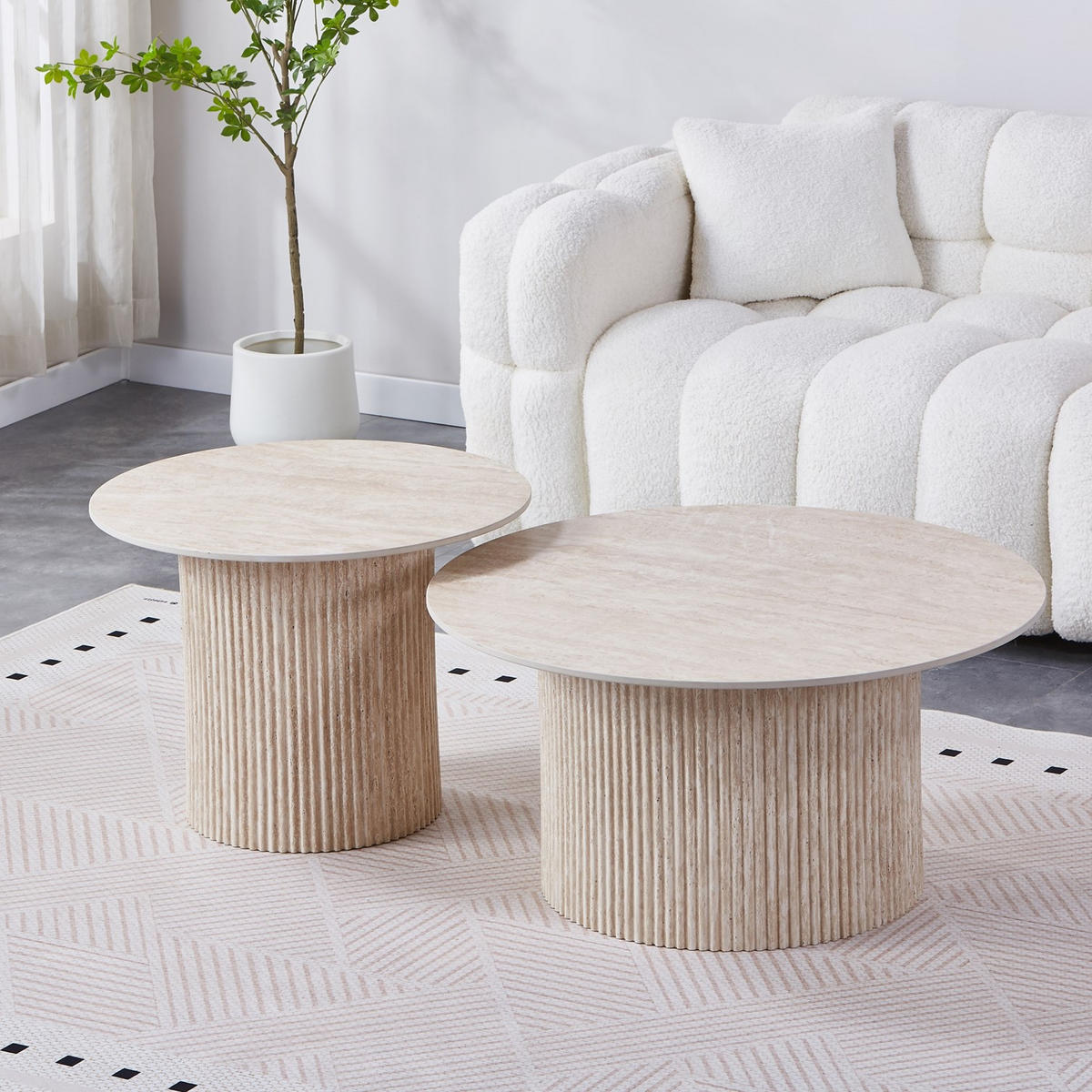 COUCHTISCH-SET Keramik rund 2-tlg. Trommelgestell Travertin-Optik 80 & 60 cm - Sandfarben/Weiß, Keramik/Metall (80/80/46cm) - HOOZ
